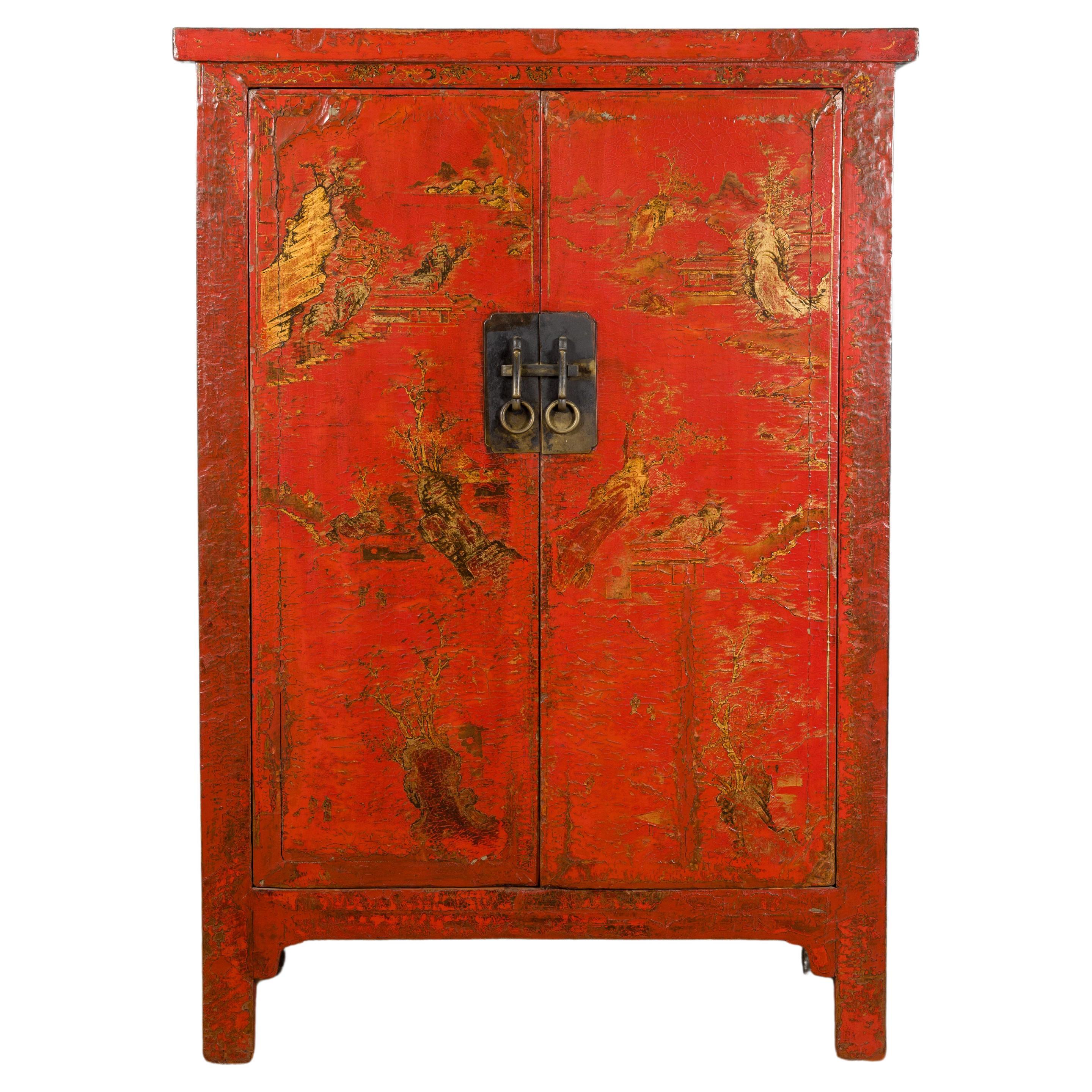 Chinese Qing Dynasty 19th Century Hand-Painted Cabinet with Original Red Lacquer