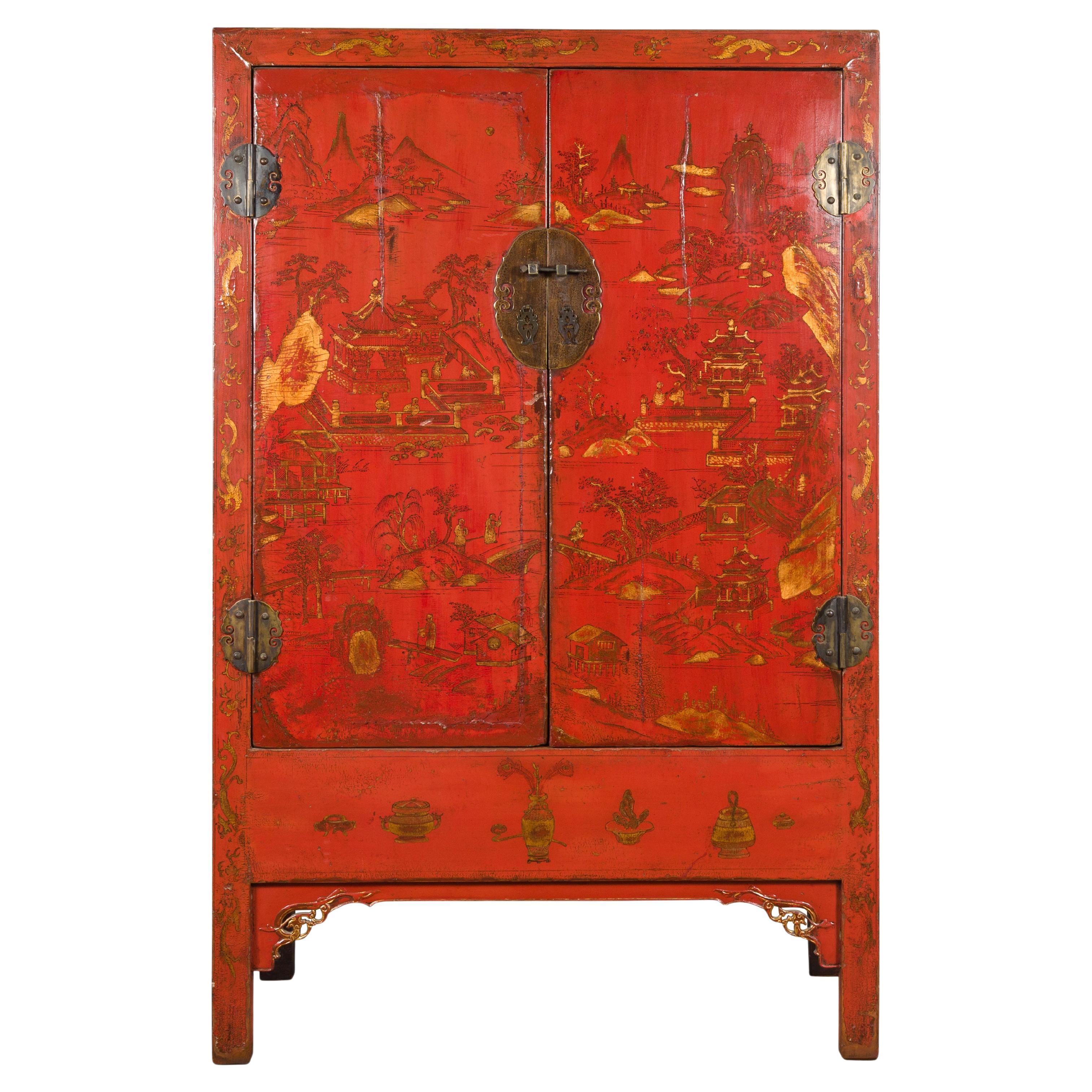Chinese Qing Dynasty 19th Century Hand-Painted Cabinet with Original Red Lacquer For Sale