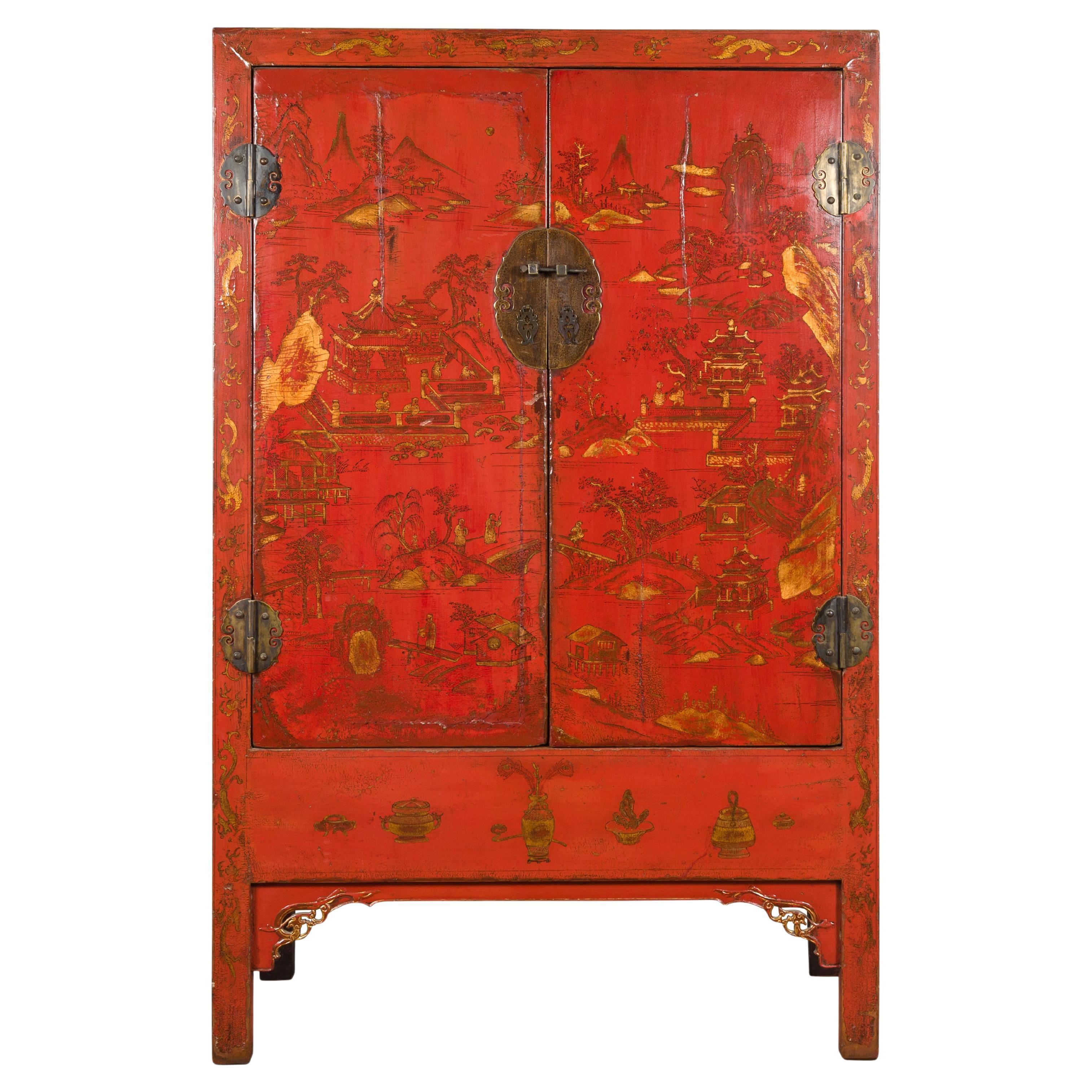 Qing Dynasty Hand-Painted Cabinet with Original Red Lacquer