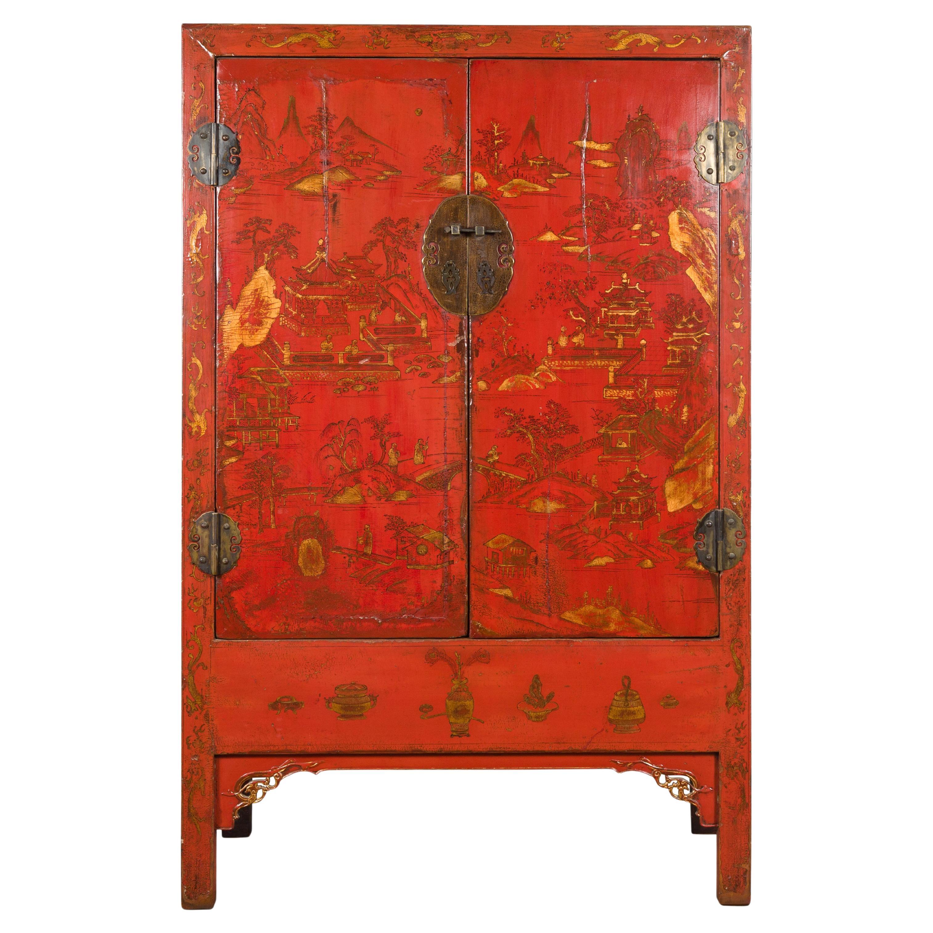 Chinese Qing Dynasty 19th Century Hand-Painted Cabinet with Original Red Lacquer