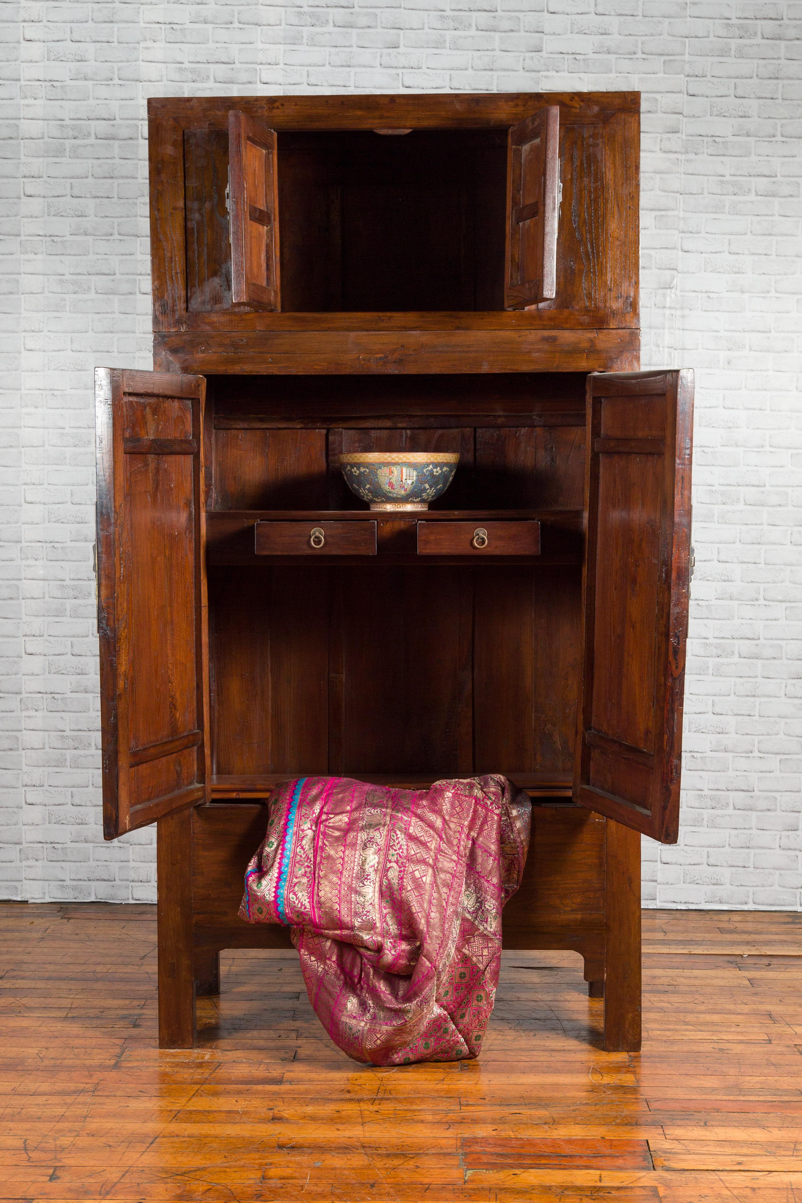 Wood Chinese Qing Dynasty Compound Cabinet with Drawers and Hidden Panel For Sale