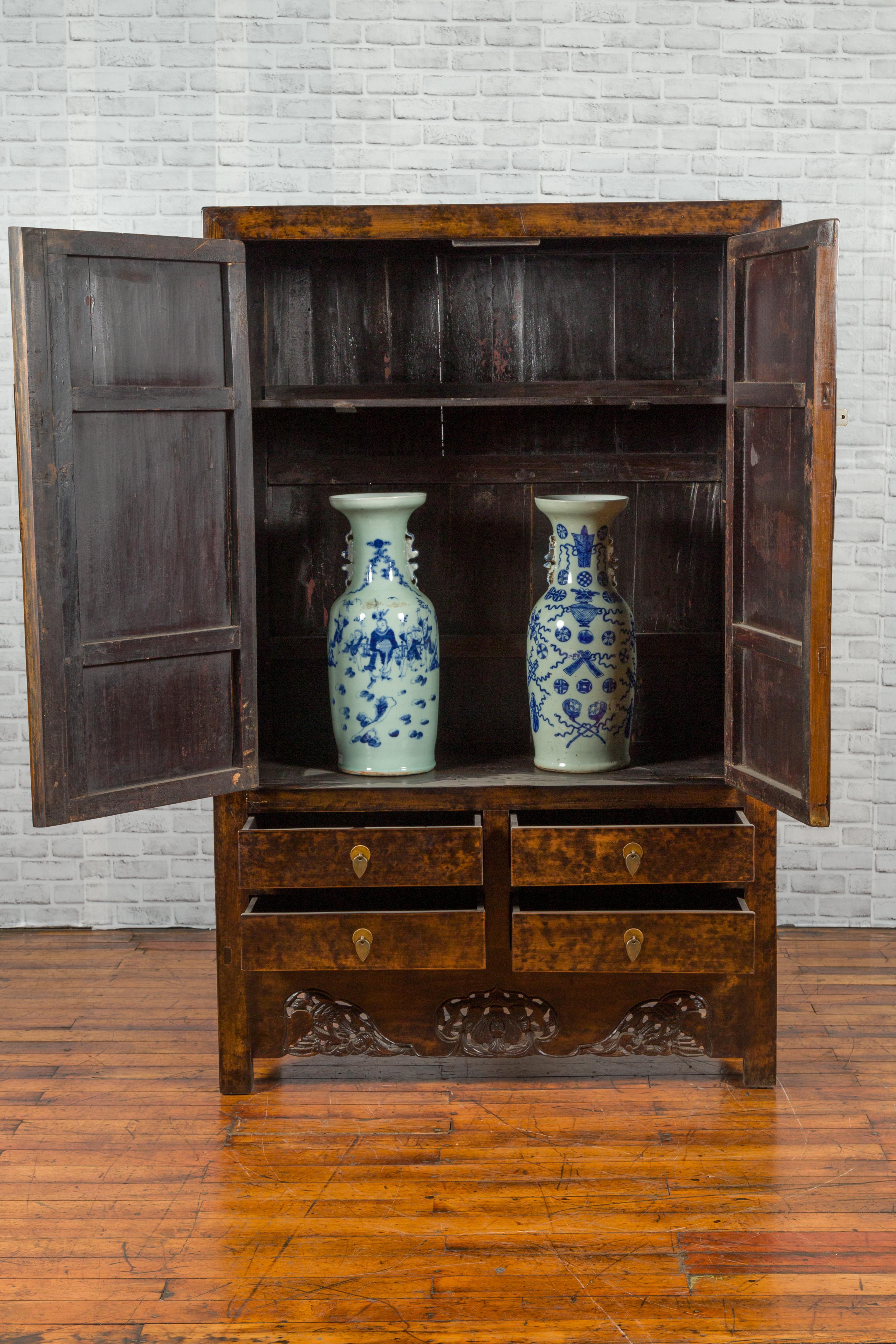 Brass Chinese Qing Dynasty 19th Century Dark Brown Elm Cabinet with Doors and Drawers For Sale