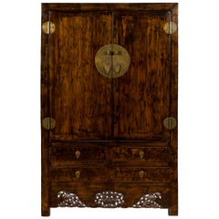 19th Century Qing Dynasty Elm Brown Cabinet with Brass Hardware and Carved Apron