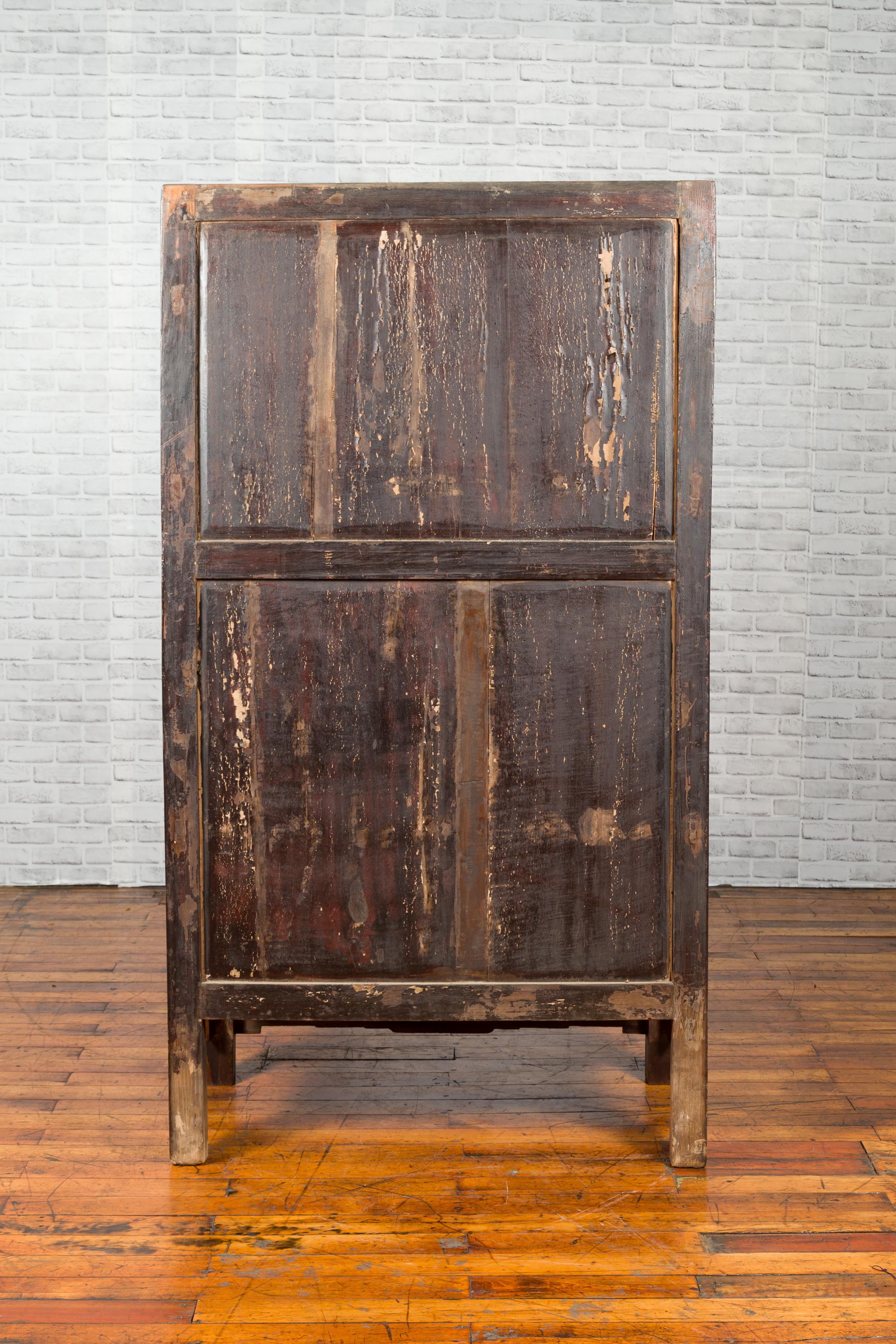 Chinese Qing Dynasty 19th Century Dark Brown Lacquer Cabinet with Carved Foliage For Sale 7