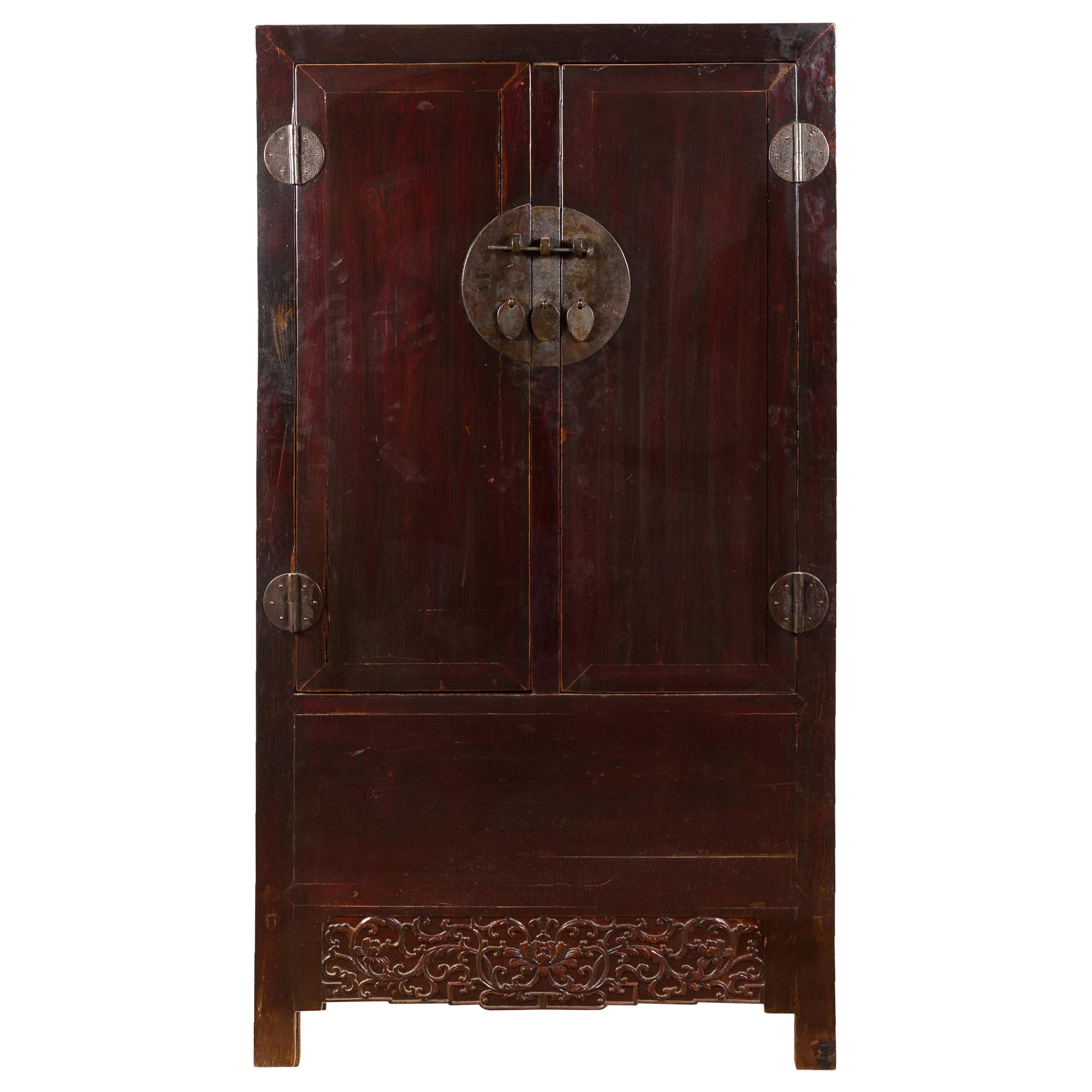 Chinese Qing Dynasty 19th Century Dark Brown Lacquer Cabinet with Carved Foliage