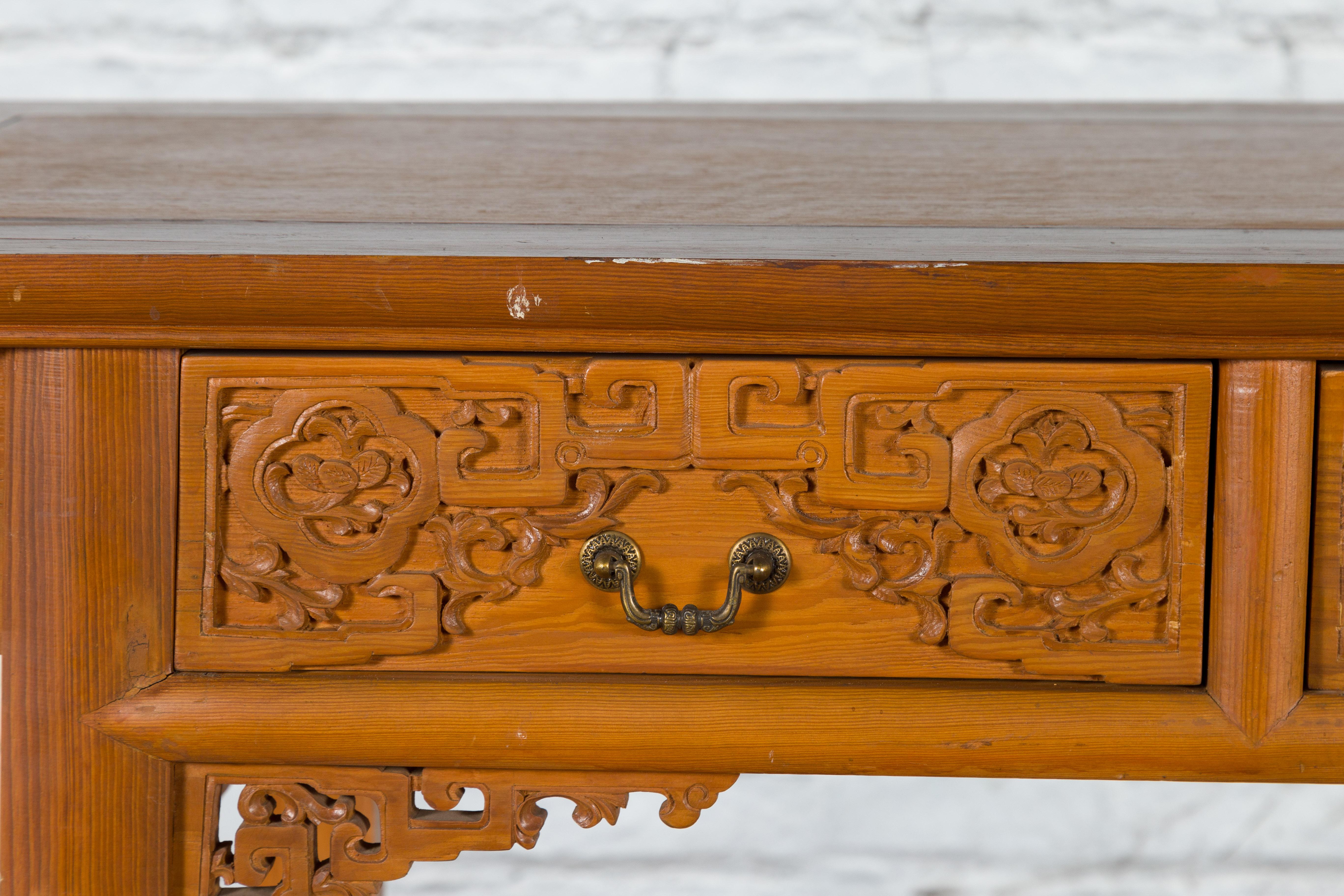 Chinese Qing Dynasty 19th Century Desk with Carved Frieze and Two Drawers For Sale 5