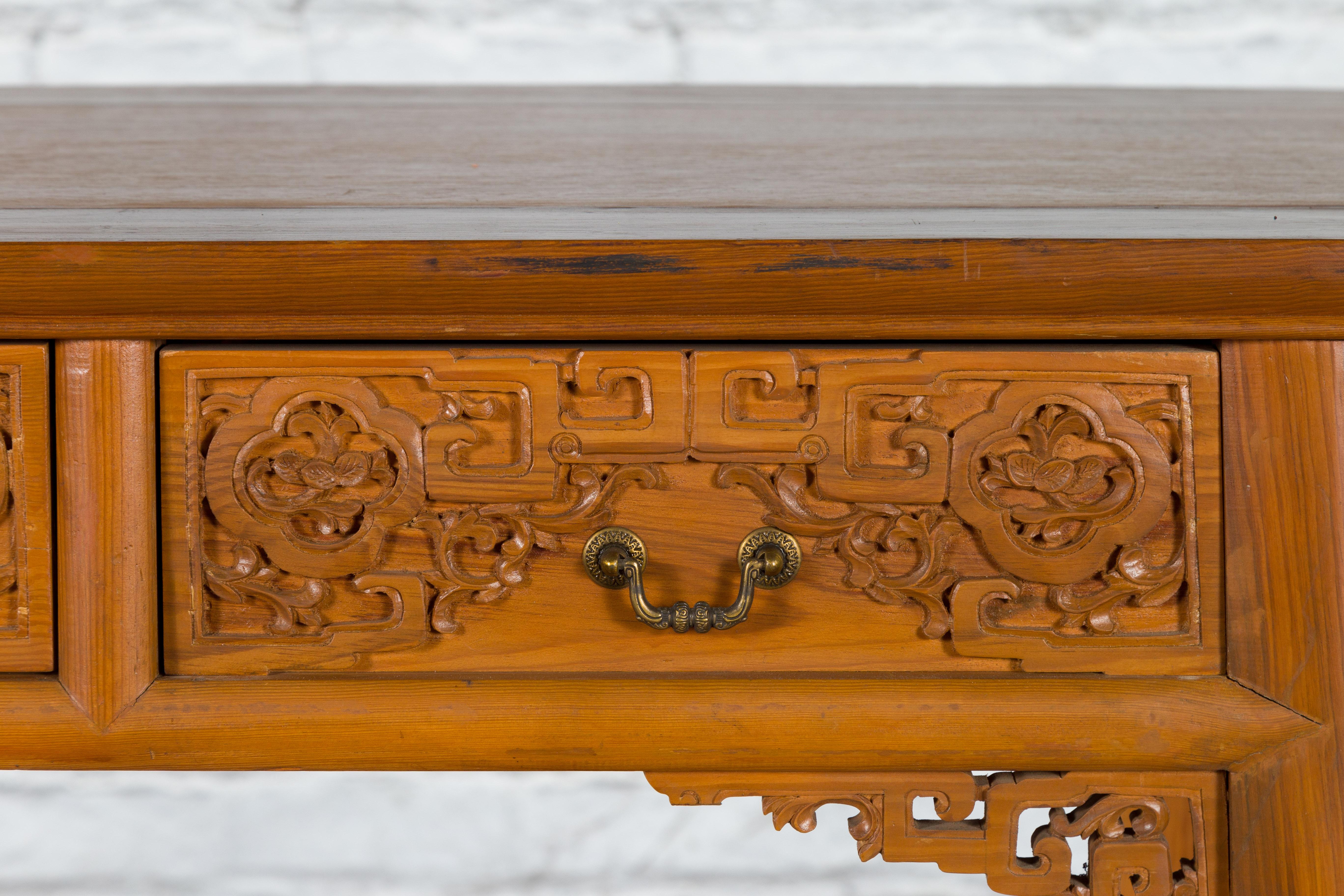Chinese Qing Dynasty 19th Century Desk with Carved Frieze and Two Drawers For Sale 6