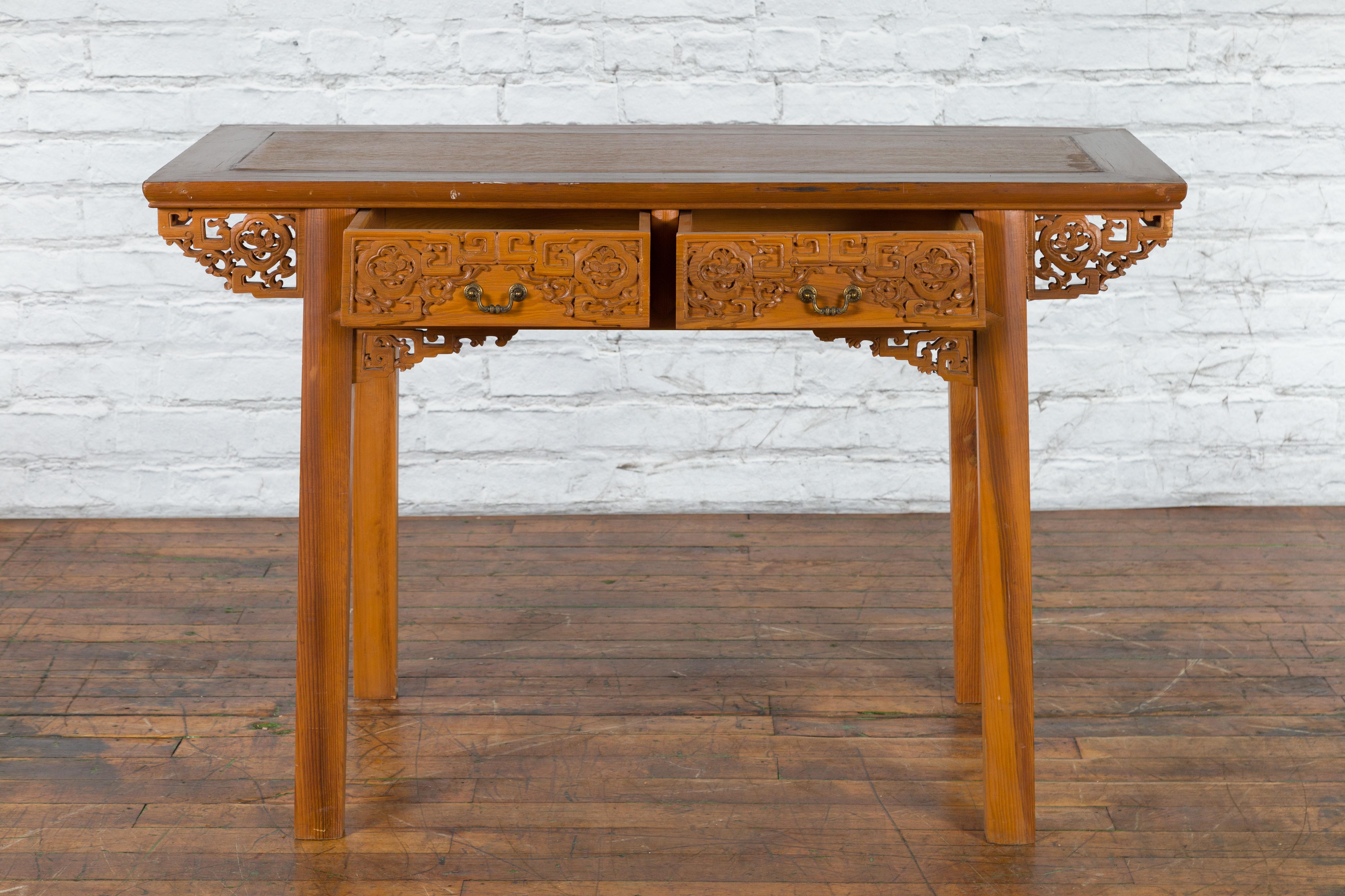 Chinese Qing Dynasty 19th Century Desk with Carved Frieze and Two Drawers For Sale 11