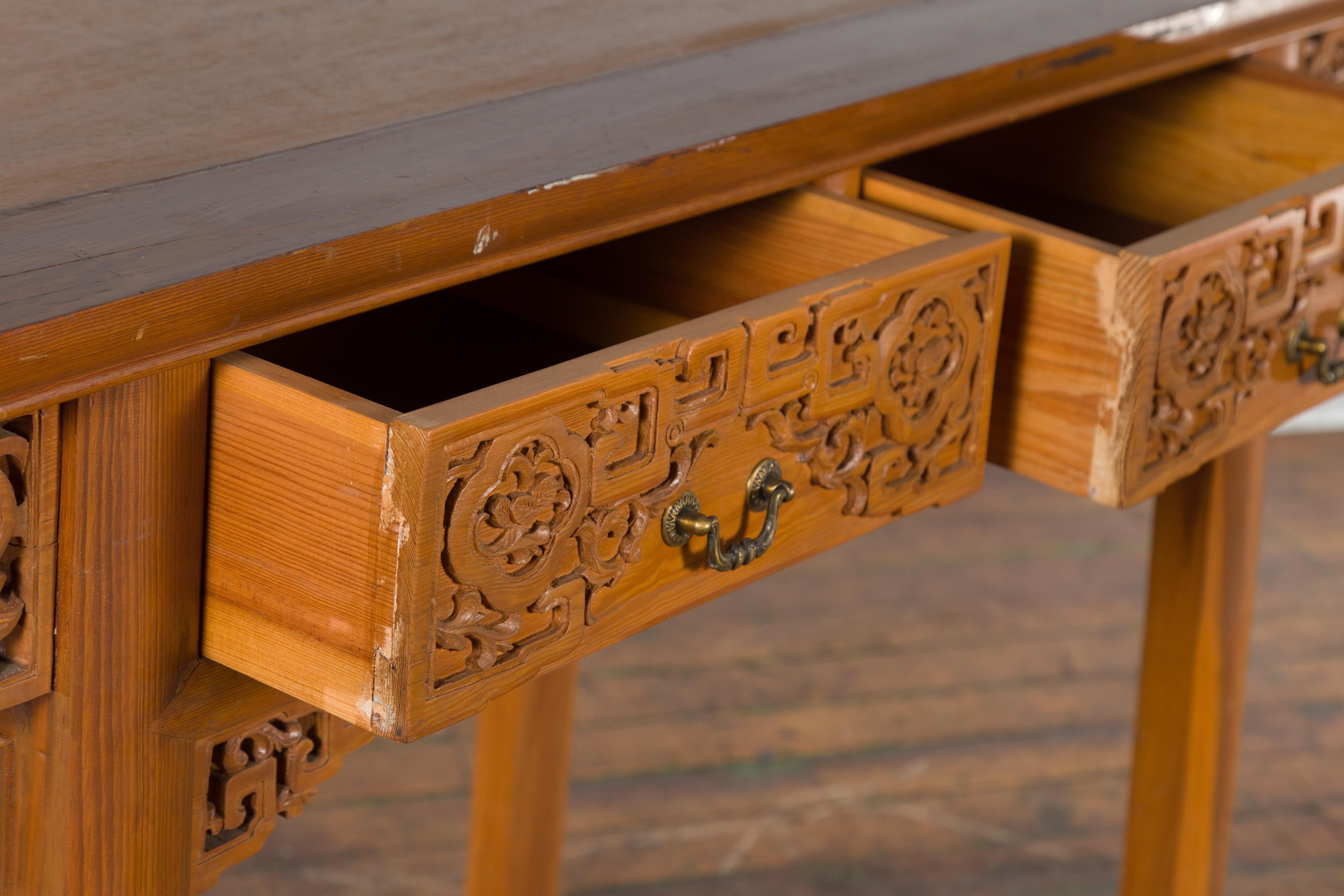 Chinese Qing Dynasty 19th Century Desk with Carved Frieze and Two Drawers For Sale 12