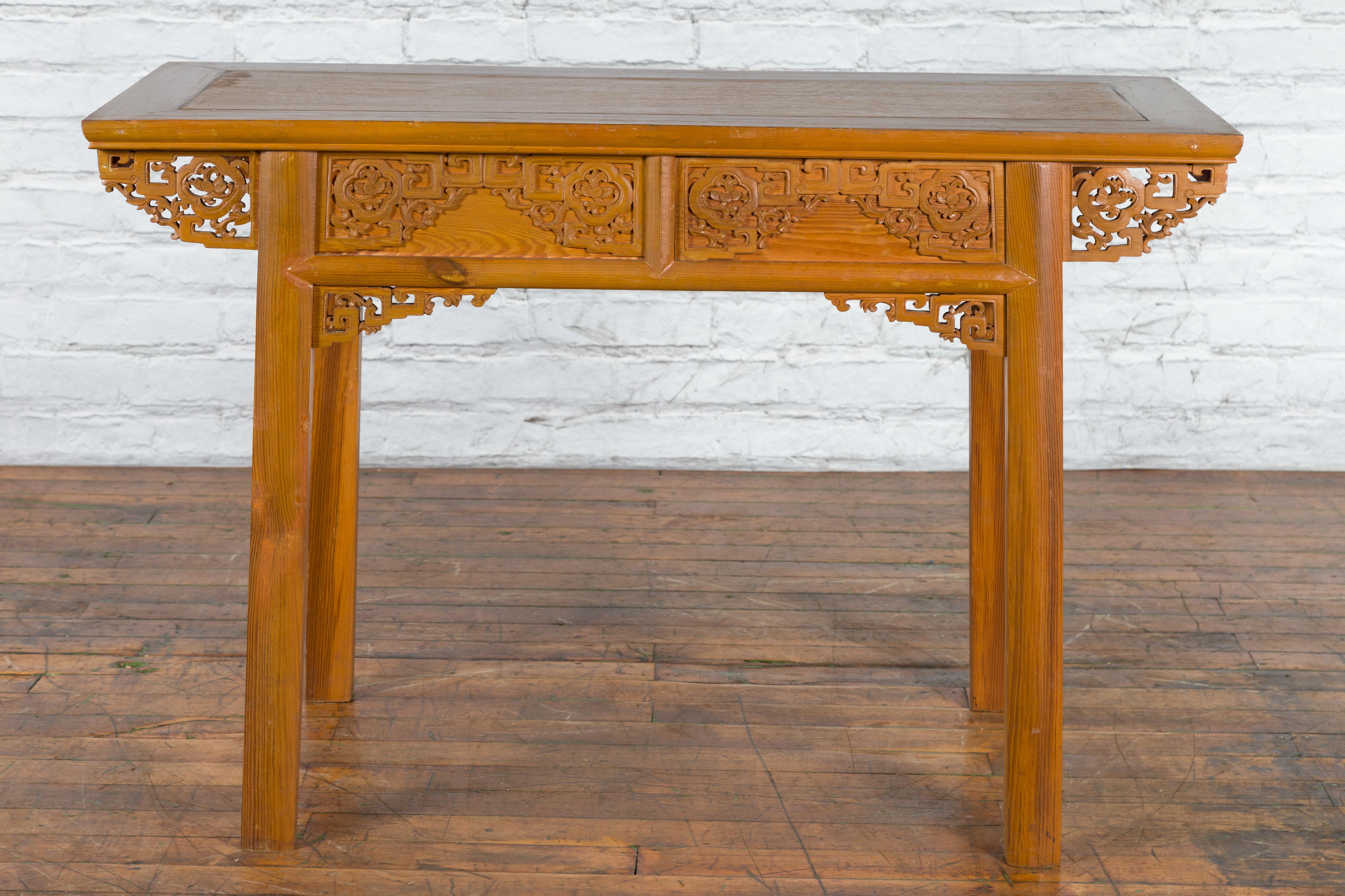 Chinese Qing Dynasty 19th Century Desk with Carved Frieze and Two Drawers For Sale 14