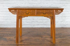 Qing Dynasty 19th Century Desk with Carved Frieze and Two Drawers