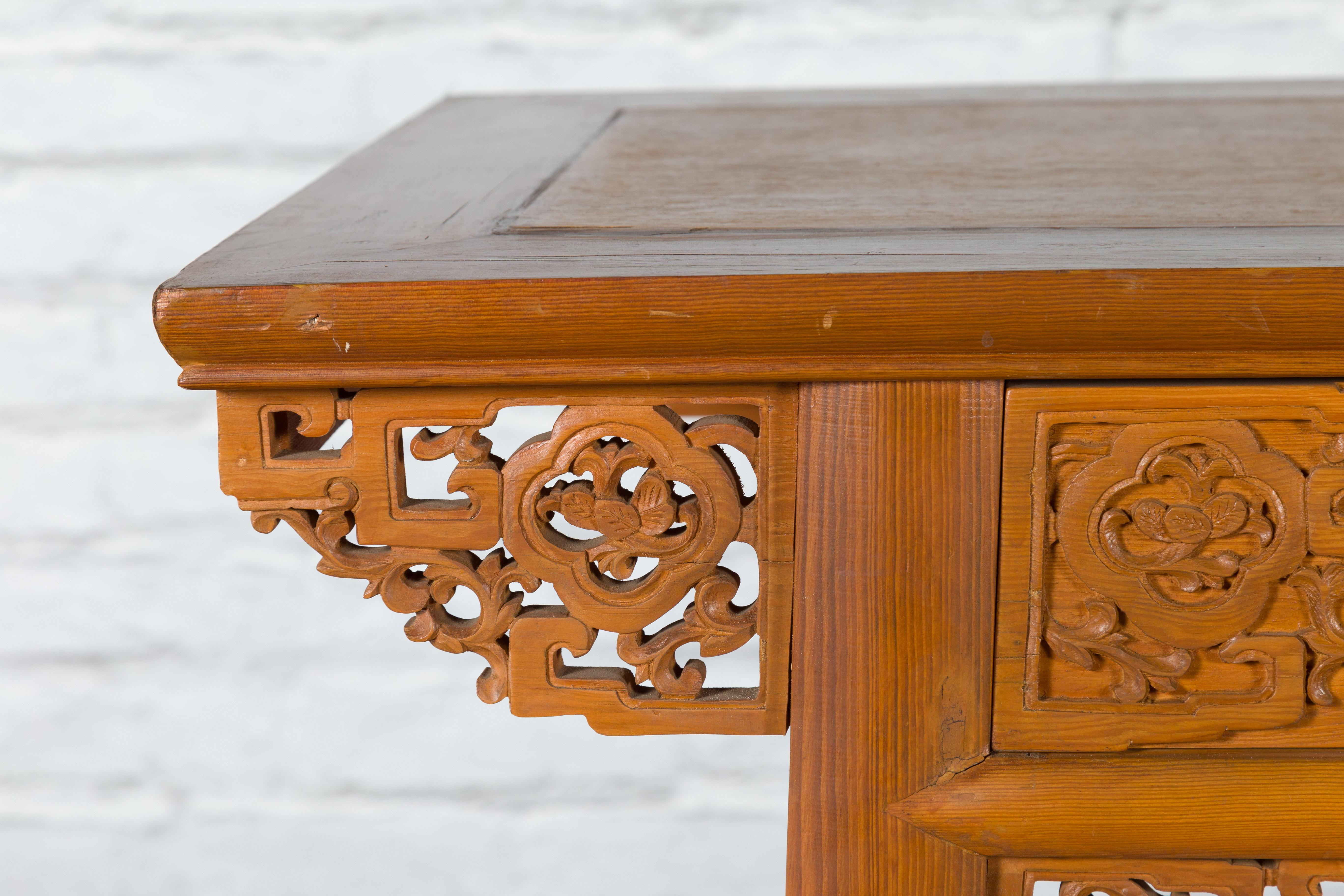 Chinese Qing Dynasty 19th Century Desk with Carved Frieze and Two Drawers For Sale 4