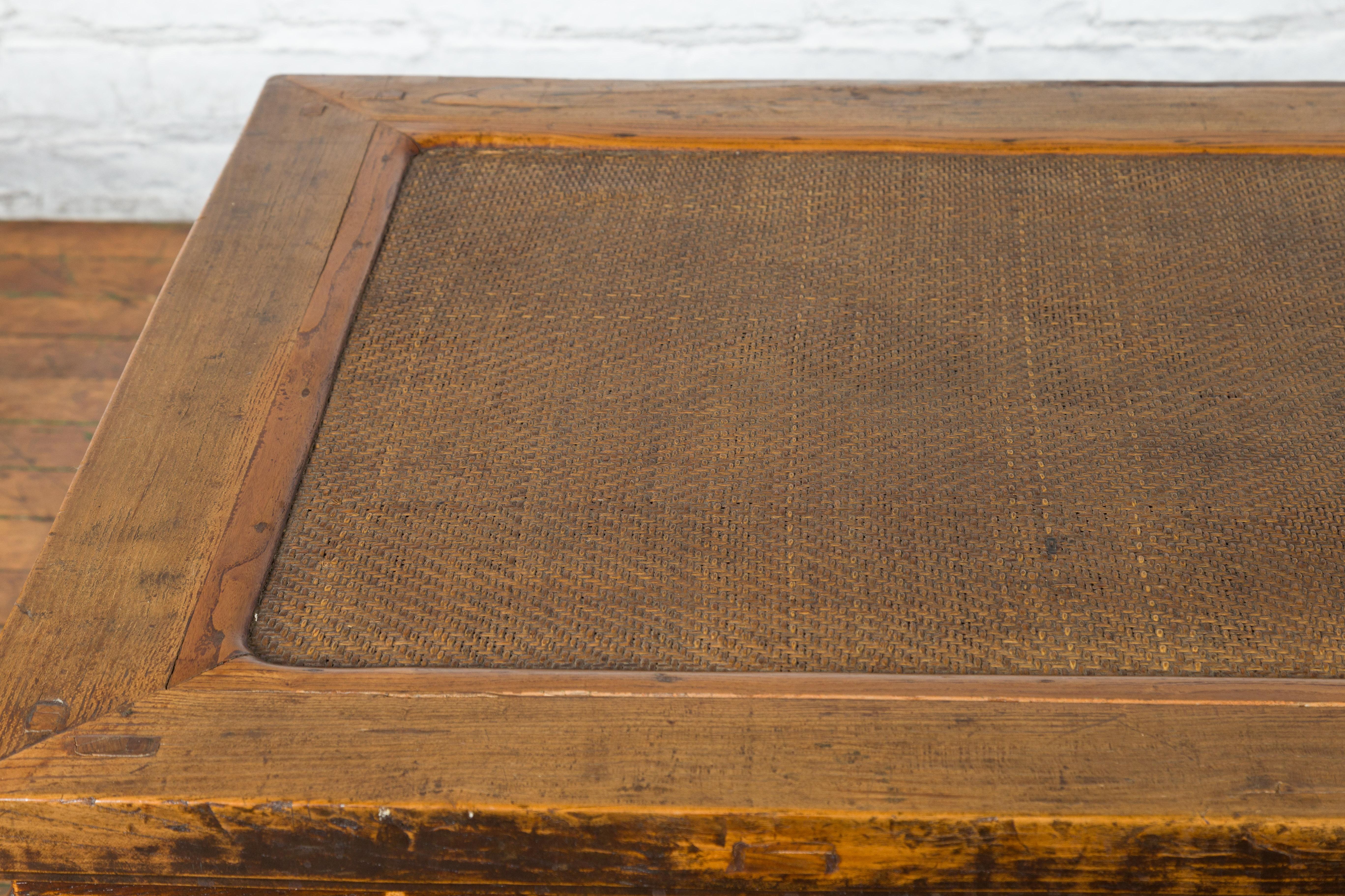 Chinese Qing Dynasty 19th Century Distressed Coffee Table with Woven Rattan Top 6