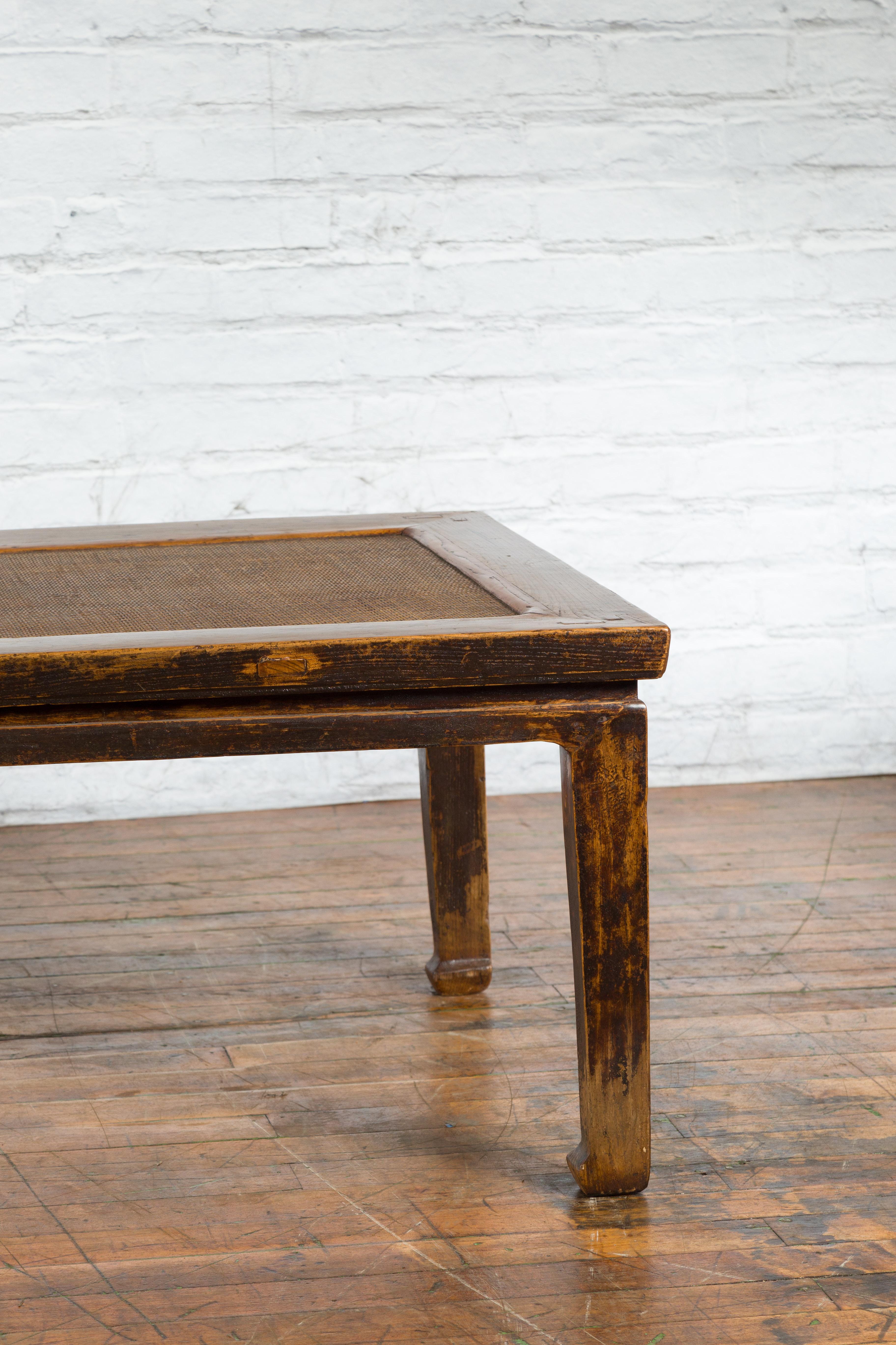 Chinese Qing Dynasty 19th Century Distressed Coffee Table with Woven Rattan Top 2