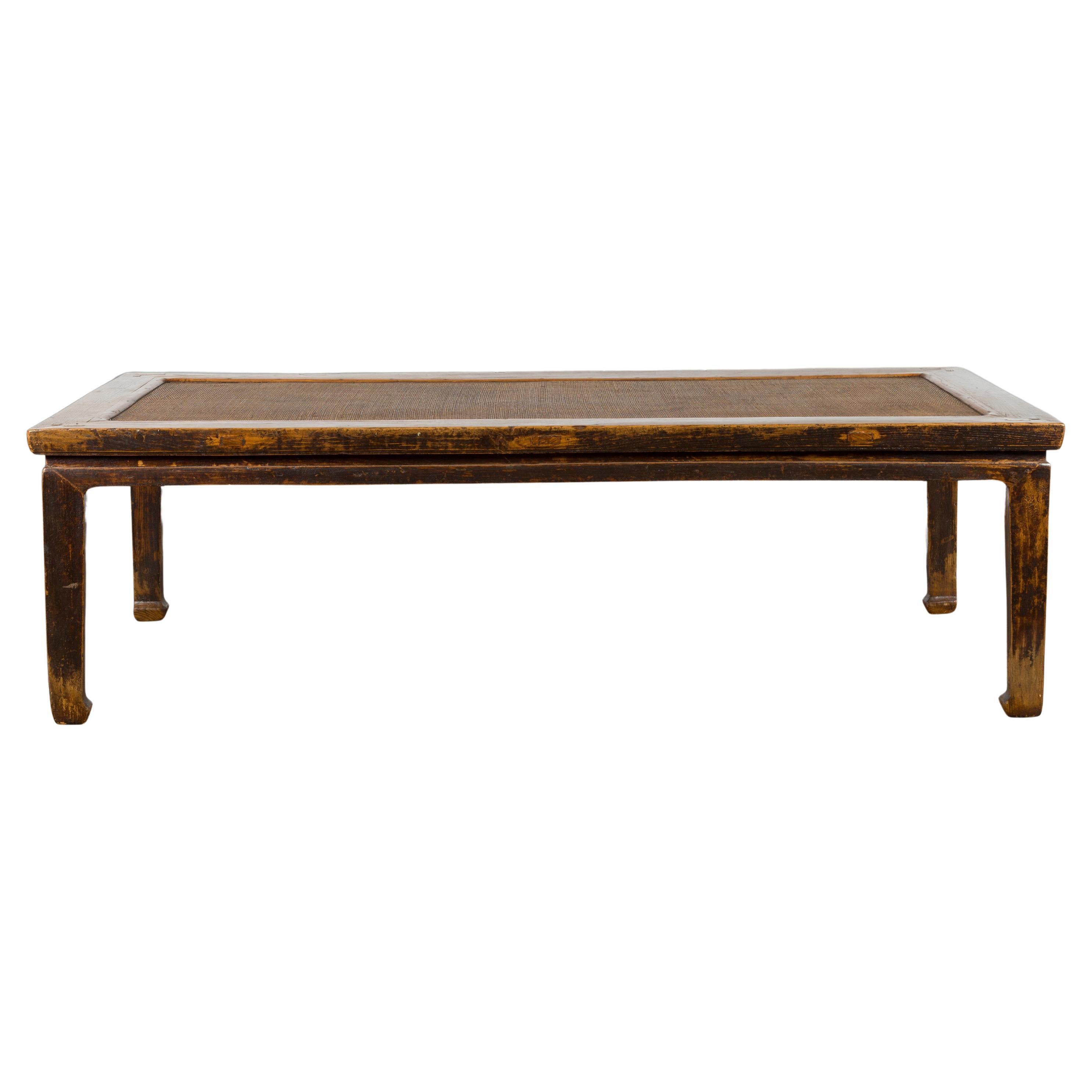 Chinese Qing Dynasty 19th Century Distressed Coffee Table with Woven Rattan Top