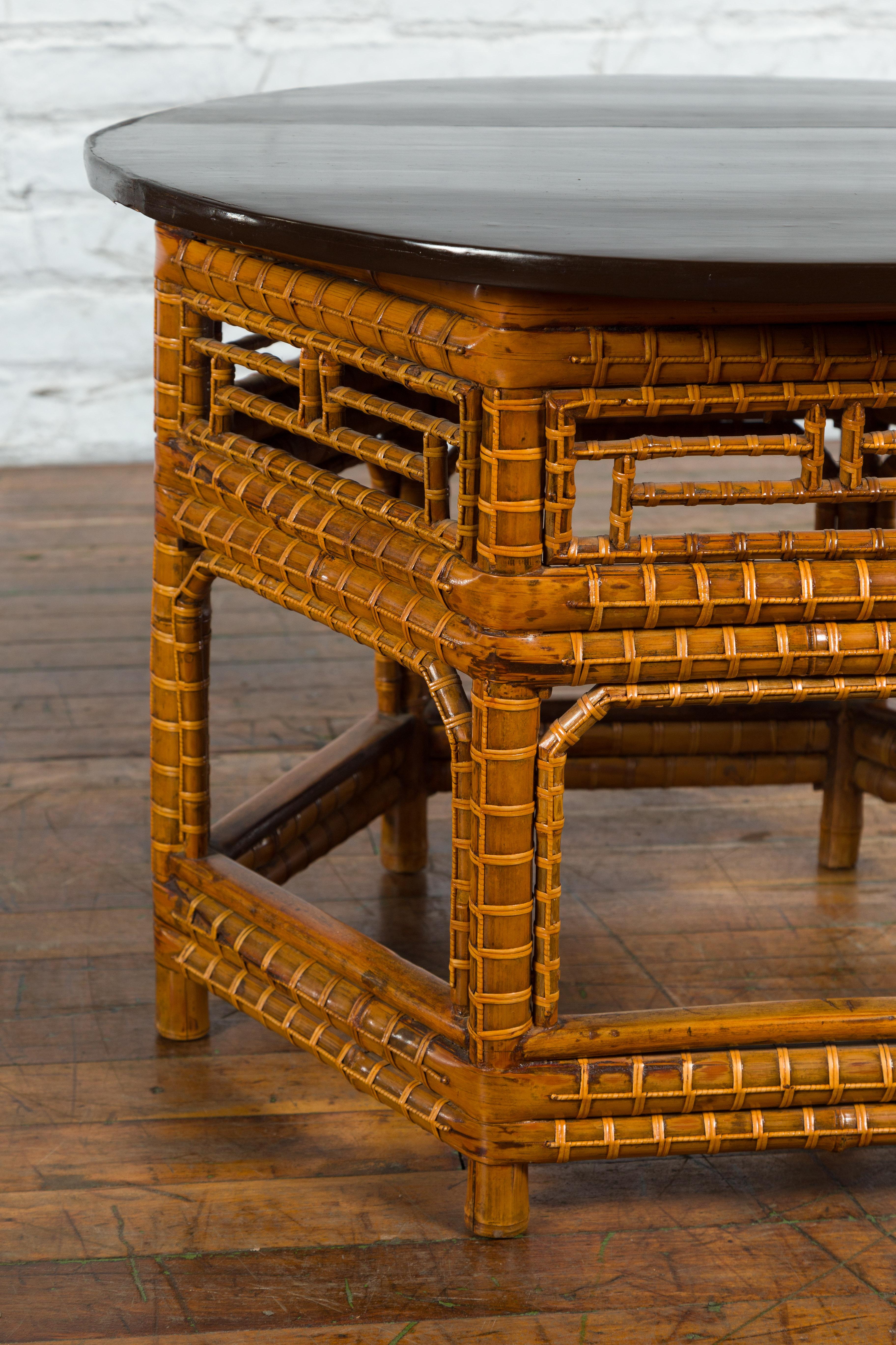 Chinese Qing Dynasty 19th Century Elm and Bamboo Coffee Table with Fretwork For Sale 1