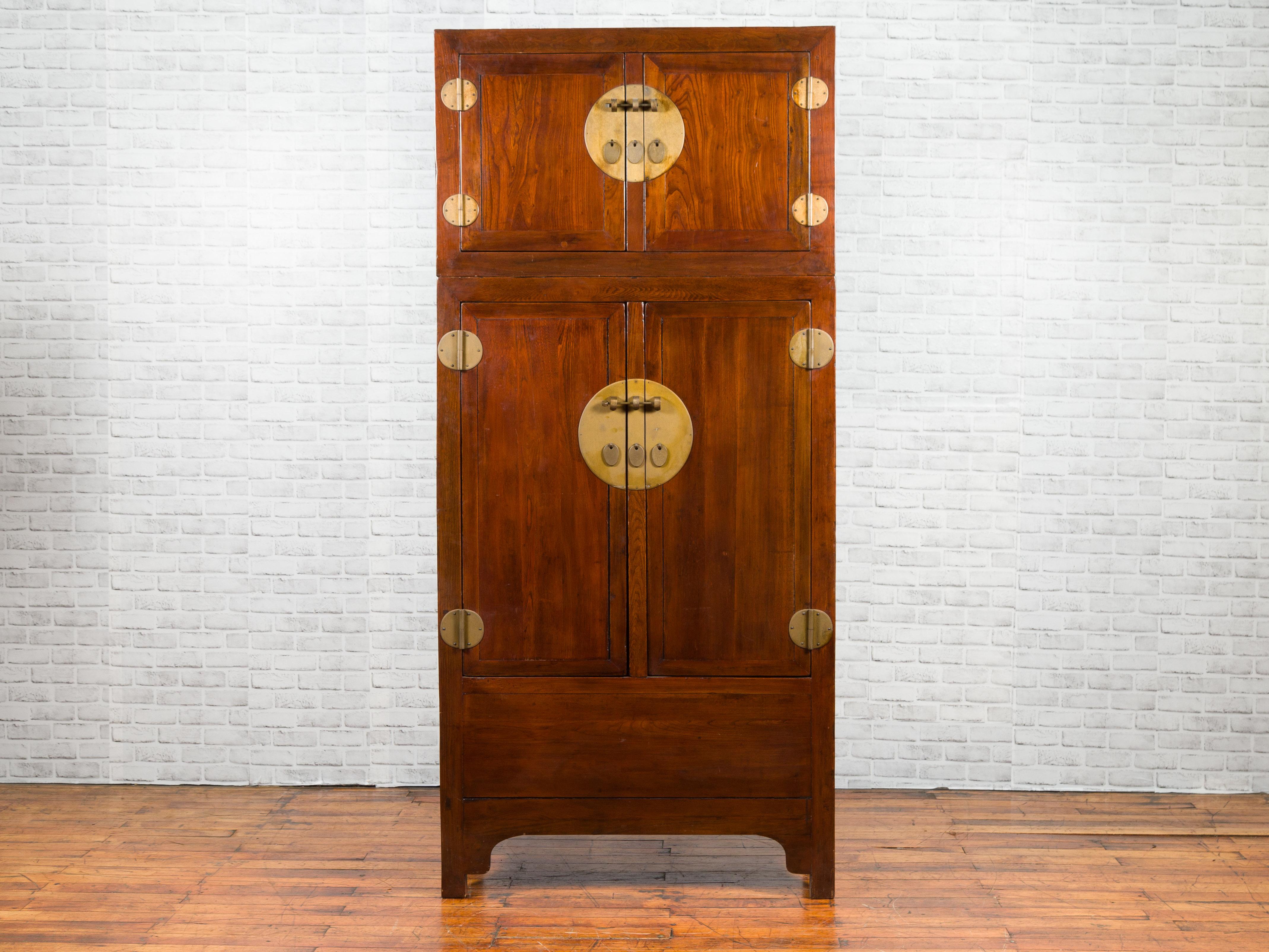 Brass Chinese Qing Dynasty 19th Century Elm and Burl Wood Multiseason Compound Cabinet For Sale