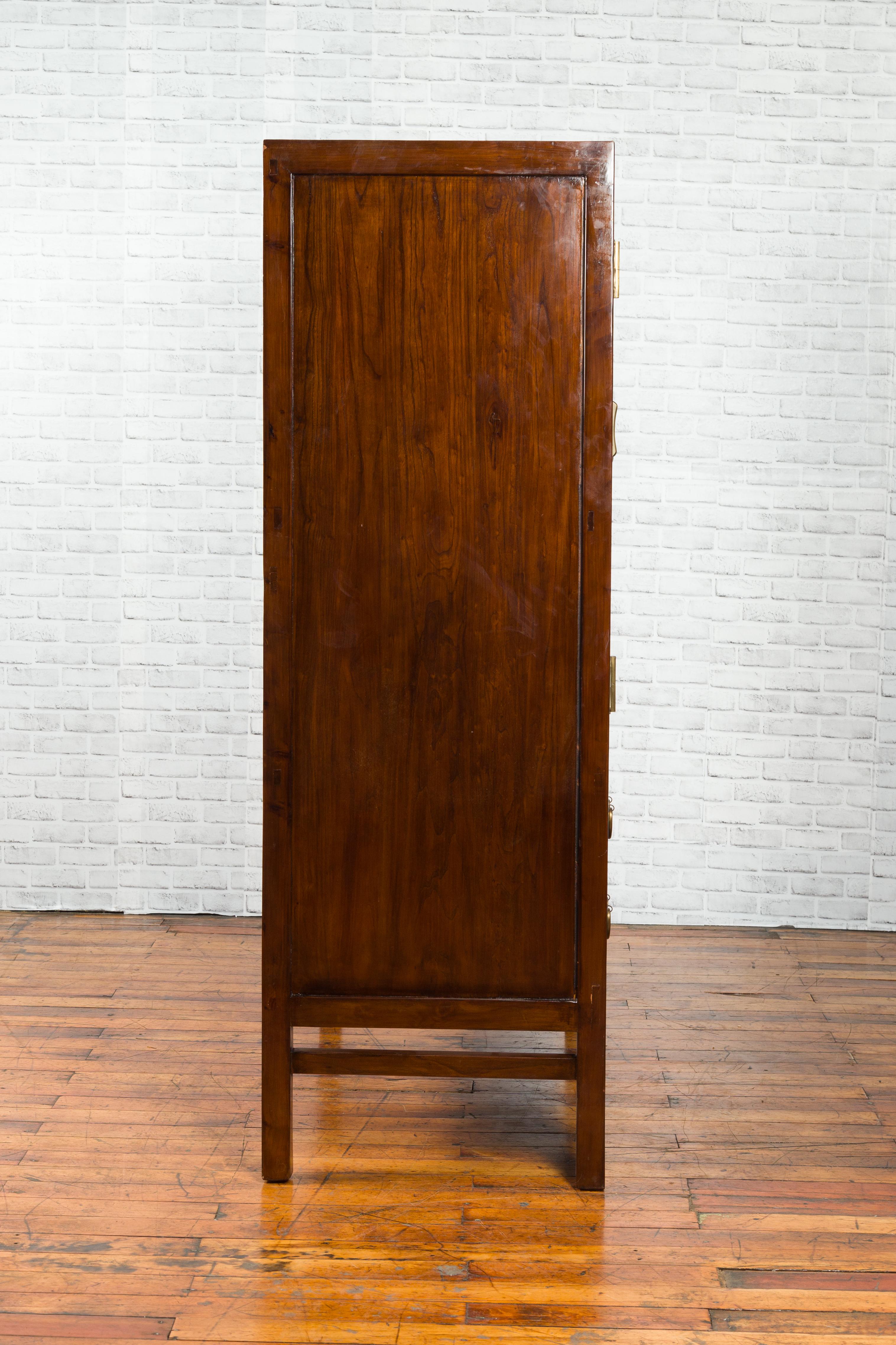 Chinese 1920s-1930s Elm and Burl Cabinet with Doors, Drawers and Brass Hardware For Sale 8