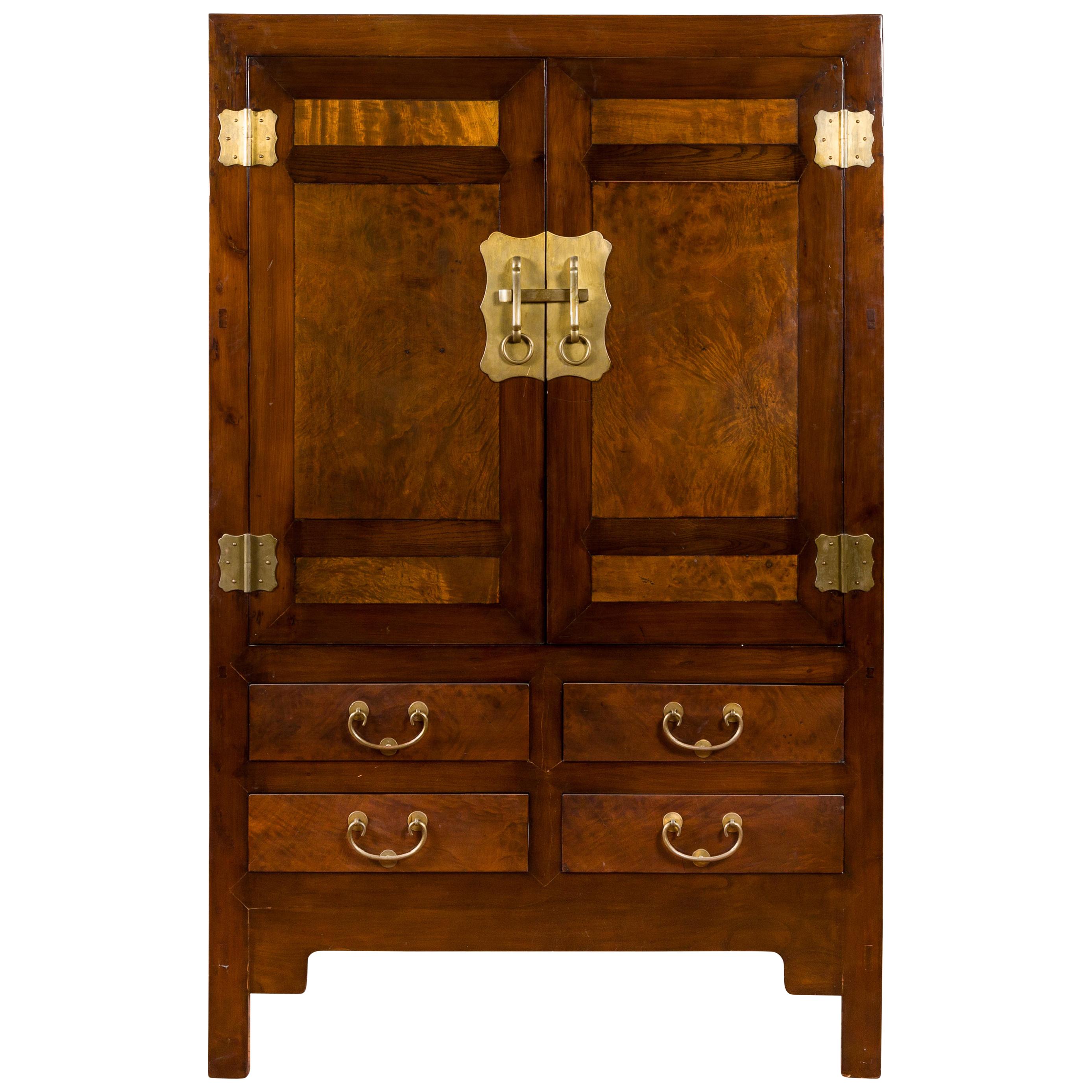 Chinese 1920s-1930s Elm and Burl Cabinet with Doors, Drawers and Brass Hardware
