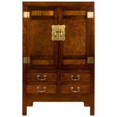 Antique Chinese 1920s-1930s Elm and Burl Cabinet with Doors, Drawers and Brass Hardware