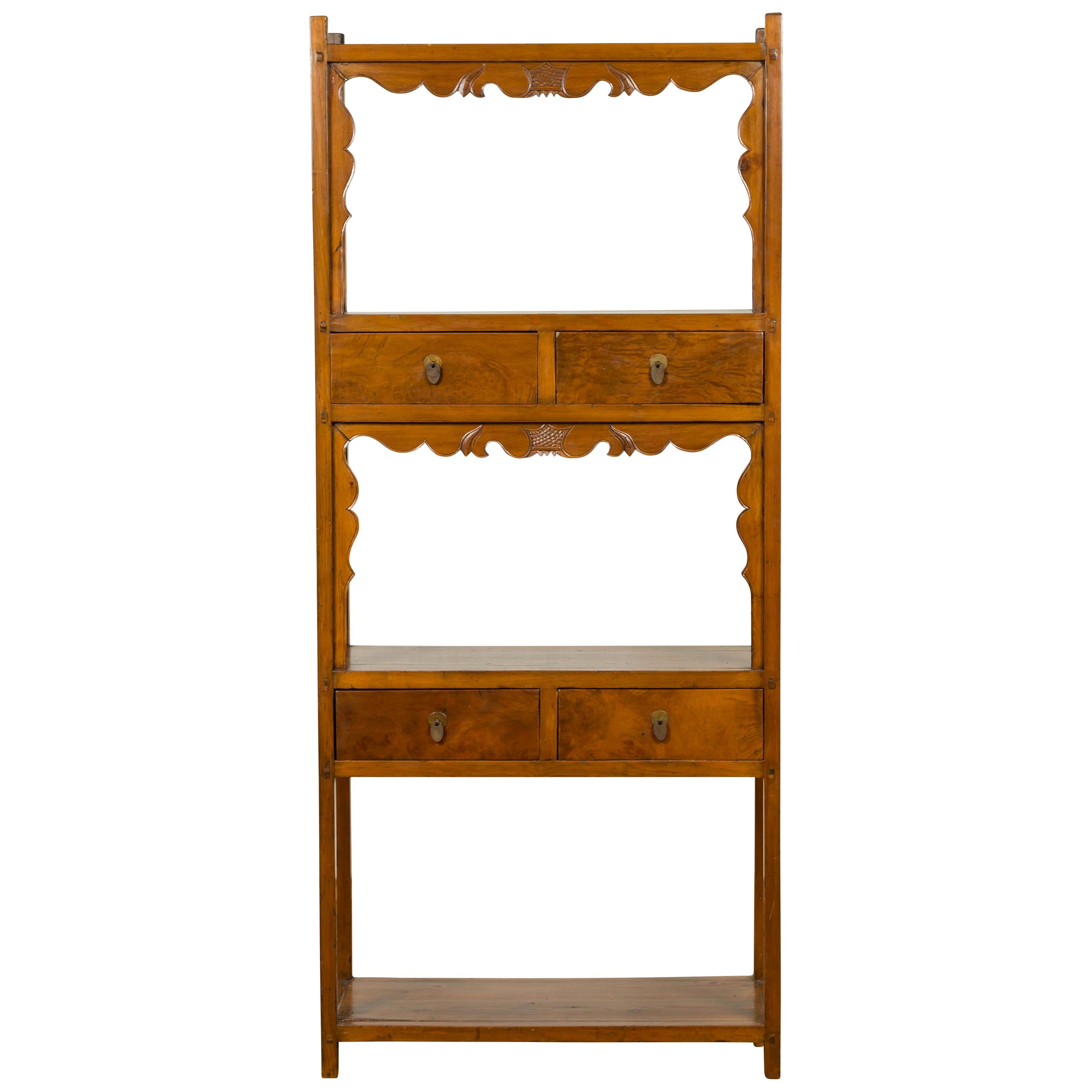 Chinese Qing Dynasty 19th Century Elm Bookcase with Open Shelves and Drawers For Sale