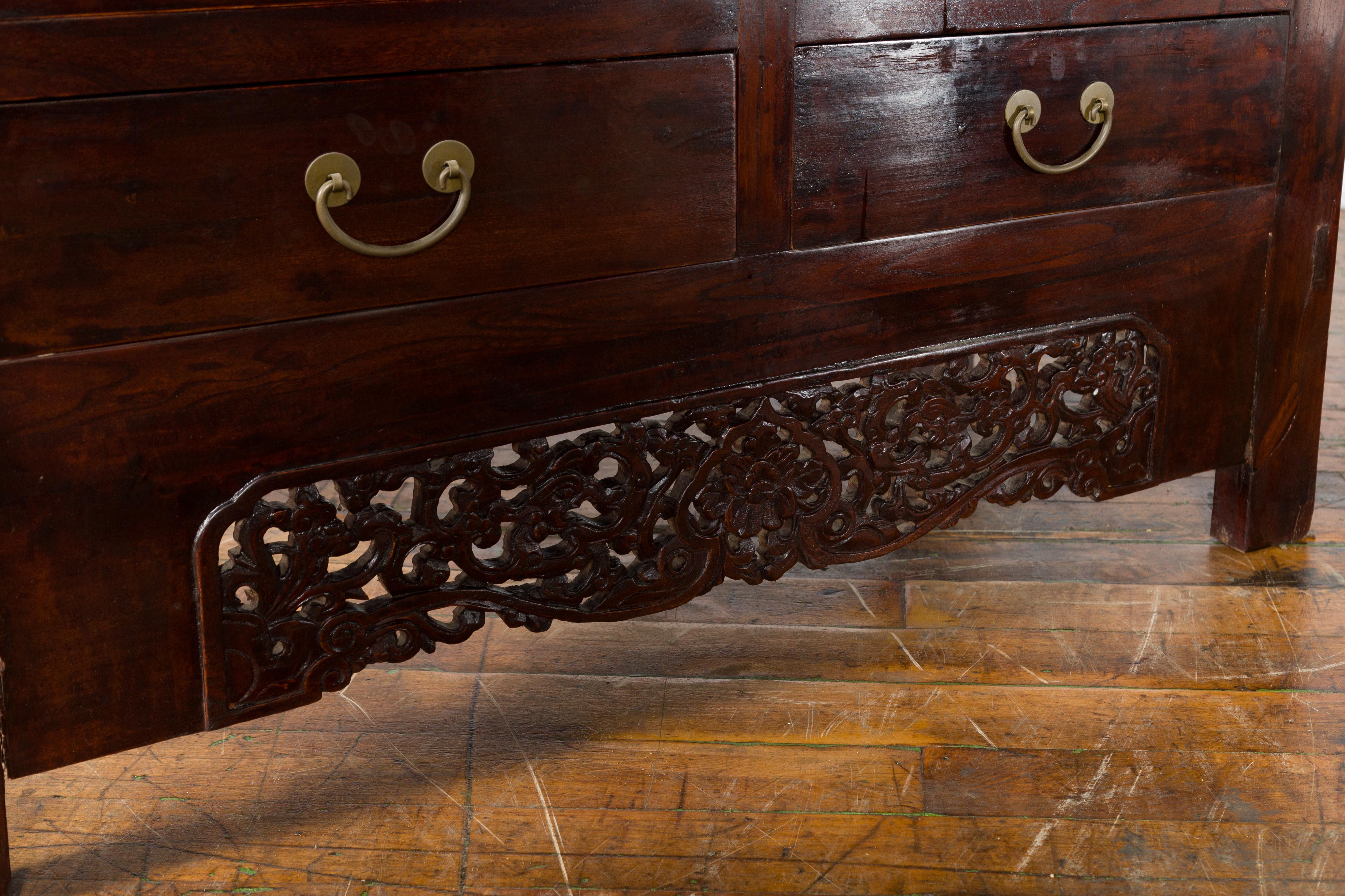 Large Elmwood Dark Lacquer Cabinet with Brass Hardware and Carved Apron For Sale 5