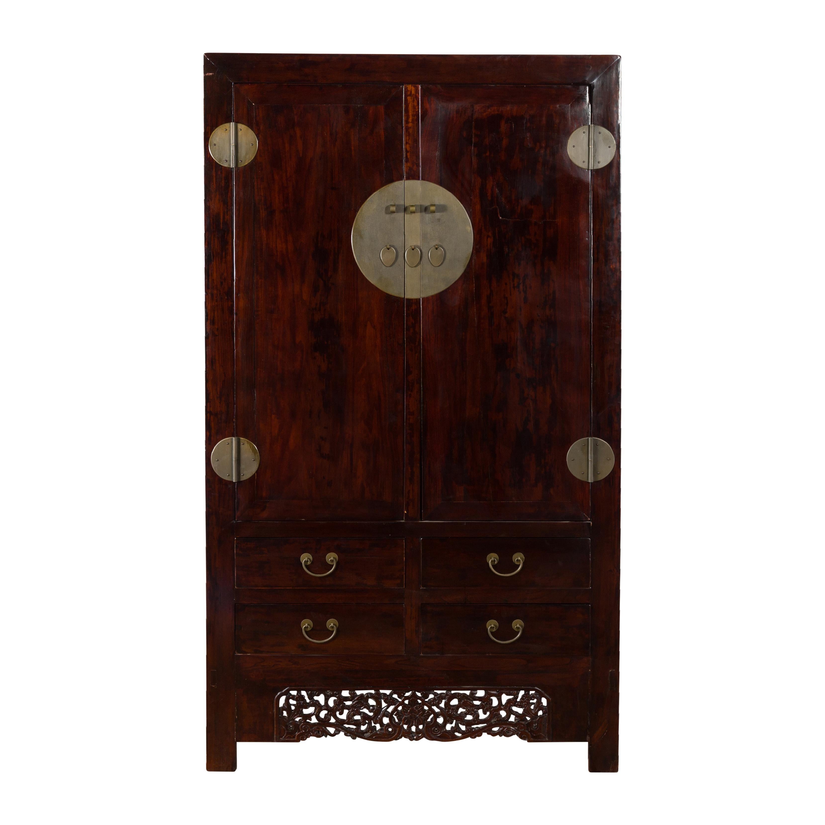 Large Elmwood Dark Lacquer Cabinet with Brass Hardware and Carved Apron For Sale 9