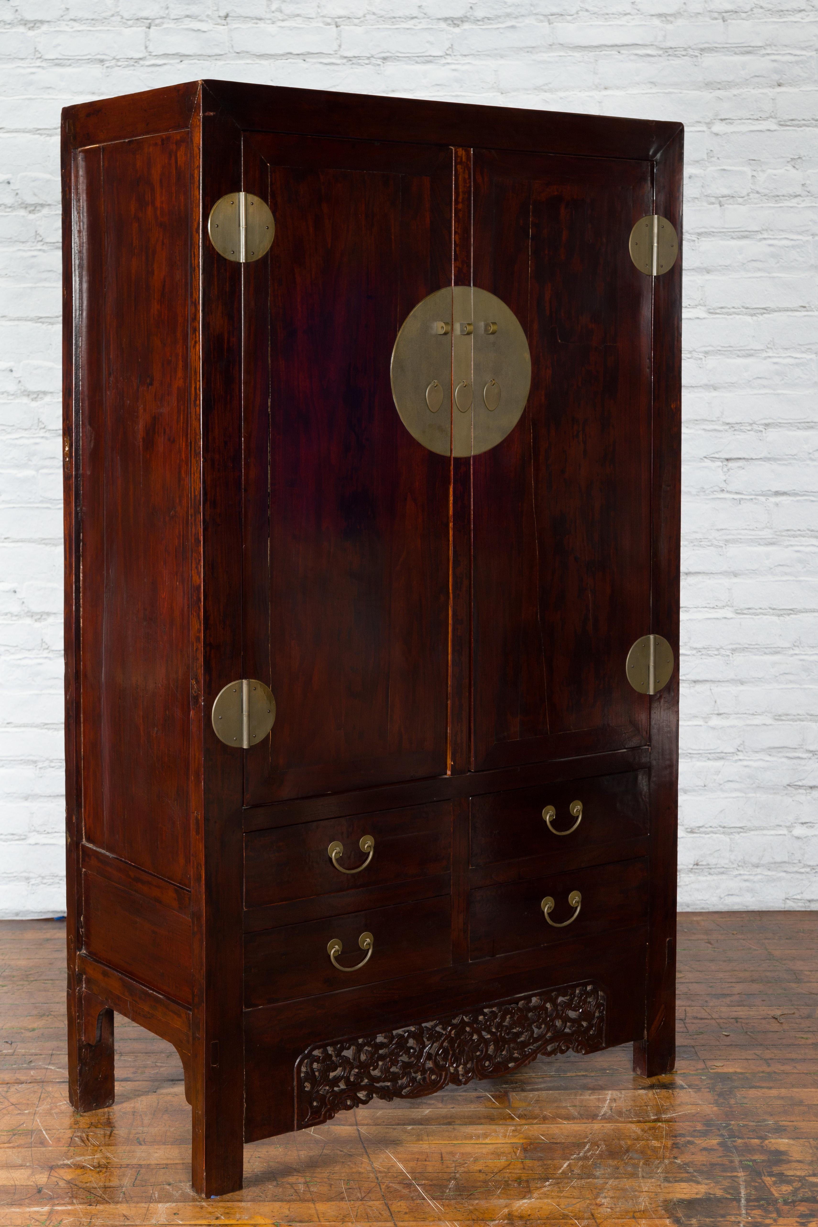 Lacquered Chinese Qing Dynasty 19th Century Elm Cabinet with Doors and Four Drawers For Sale
