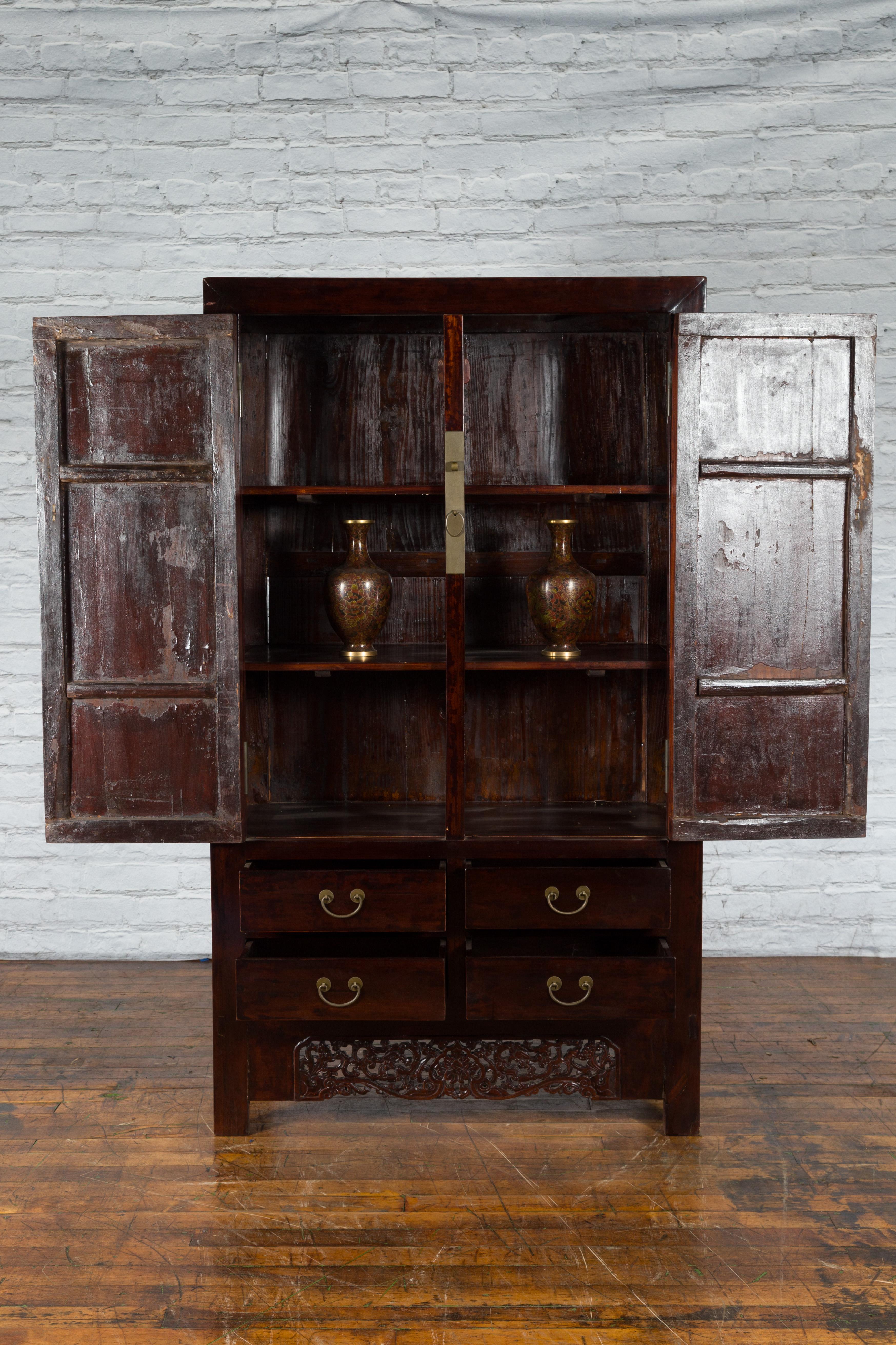 Large Elmwood Dark Lacquer Cabinet with Brass Hardware and Carved Apron In Good Condition For Sale In Yonkers, NY