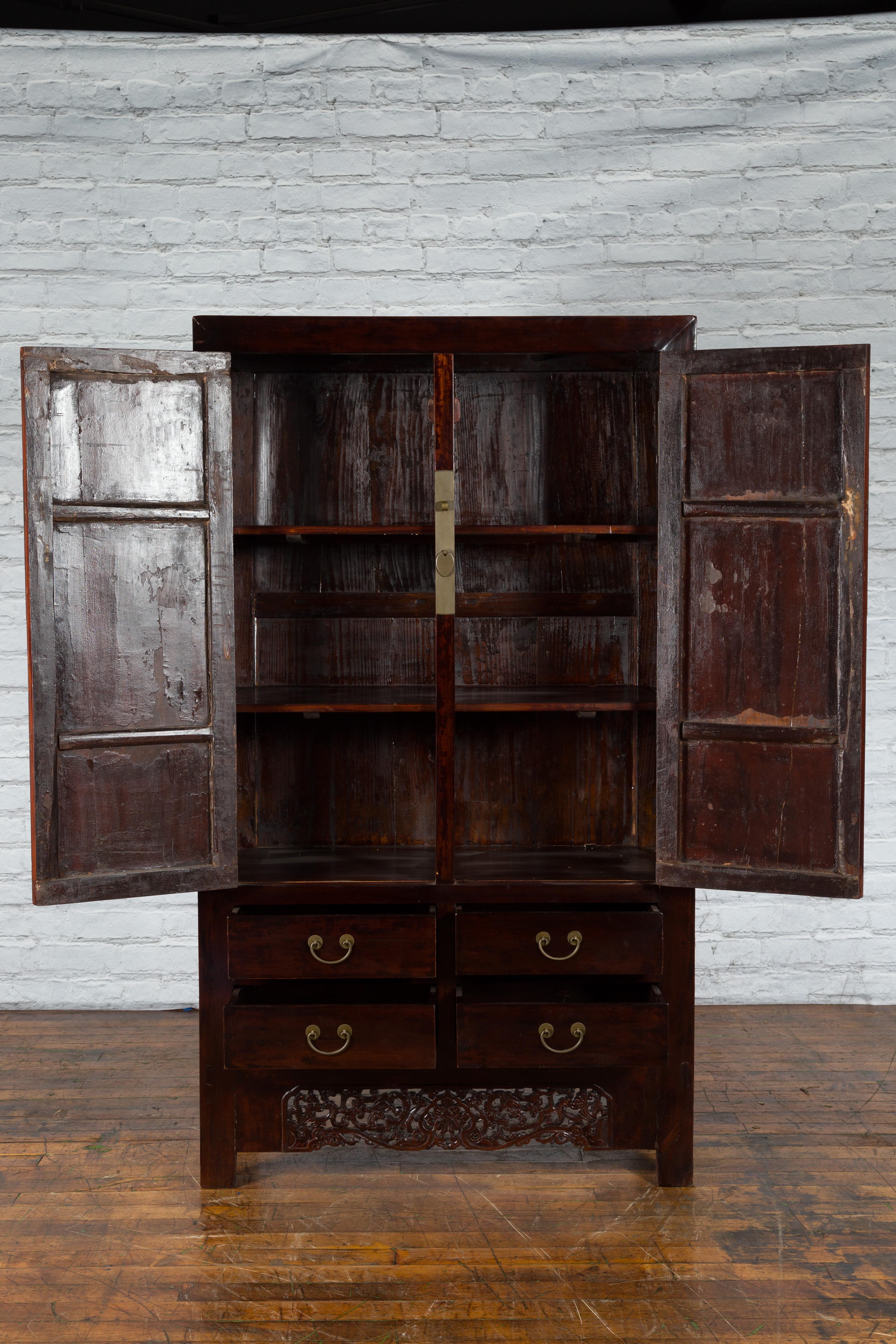 20th Century Large Elmwood Dark Lacquer Cabinet with Brass Hardware and Carved Apron For Sale