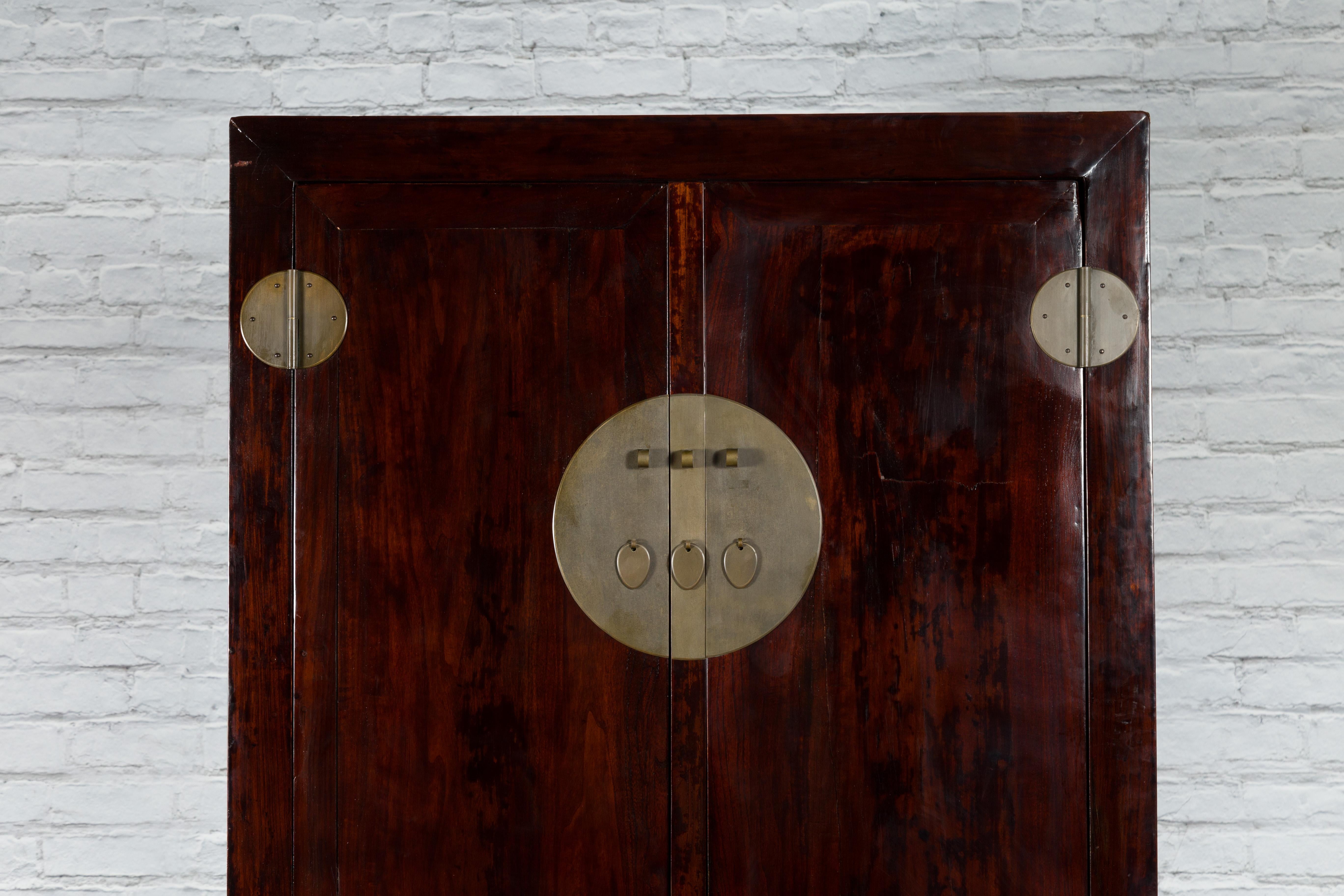 Large Elmwood Dark Lacquer Cabinet with Brass Hardware and Carved Apron For Sale 1