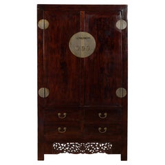 Chinese Qing Dynasty 19th Century Elm Cabinet with Doors and Four Drawers