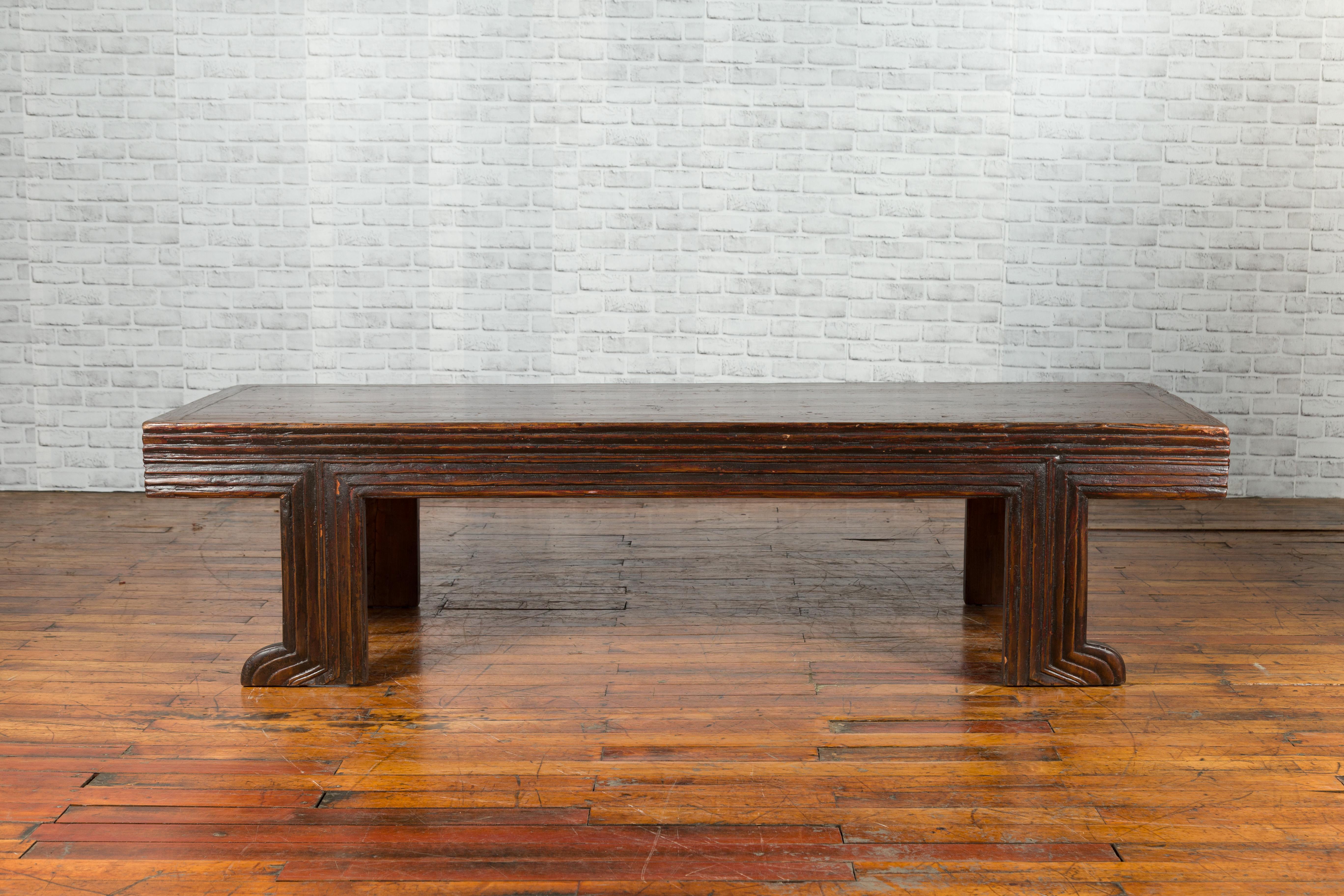 Chinese Qing Dynasty 19th Century Elm Coffee Table with Unusual Recessed Legs 7