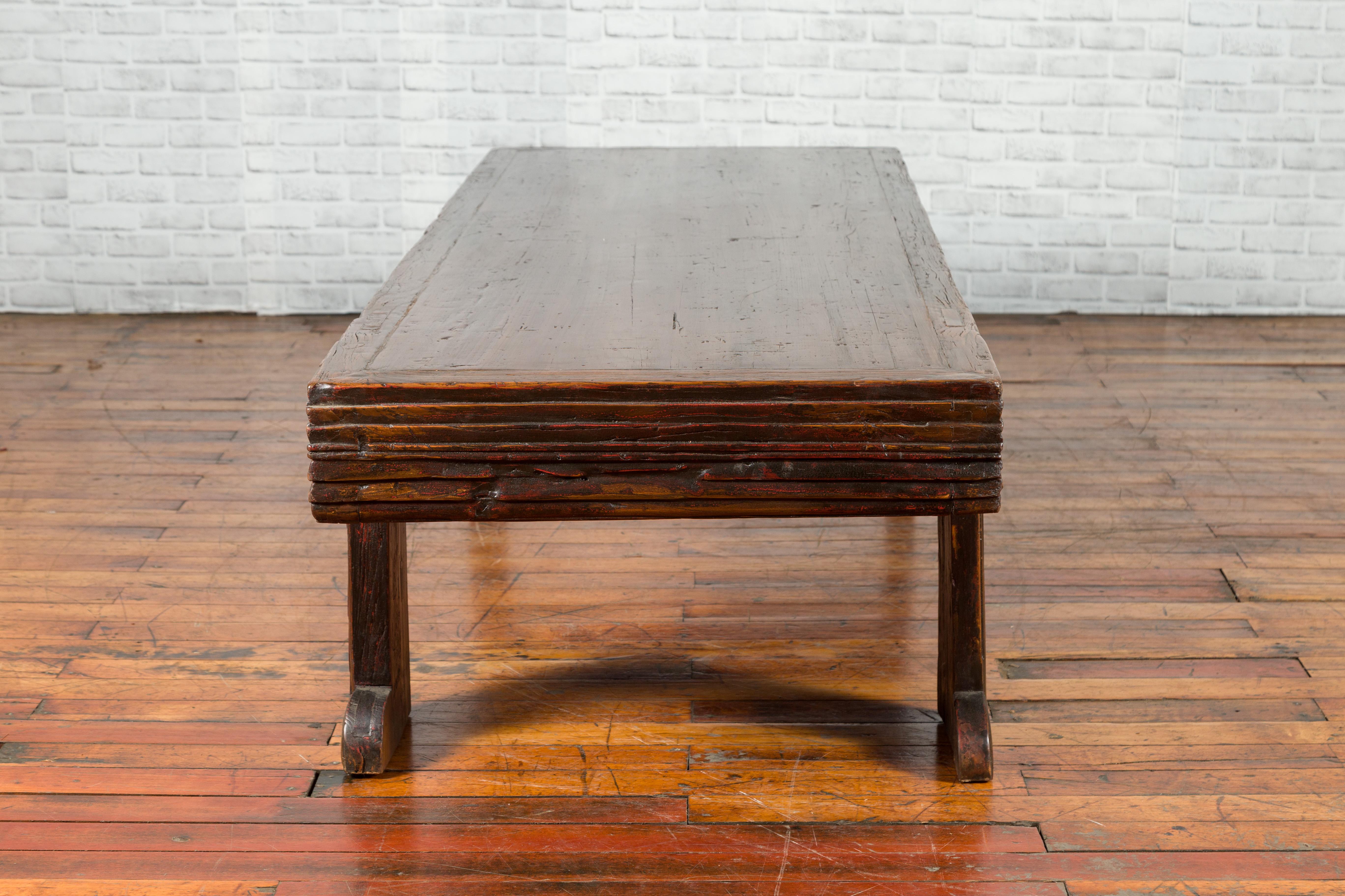 Chinese Qing Dynasty 19th Century Elm Coffee Table with Unusual Recessed Legs 8