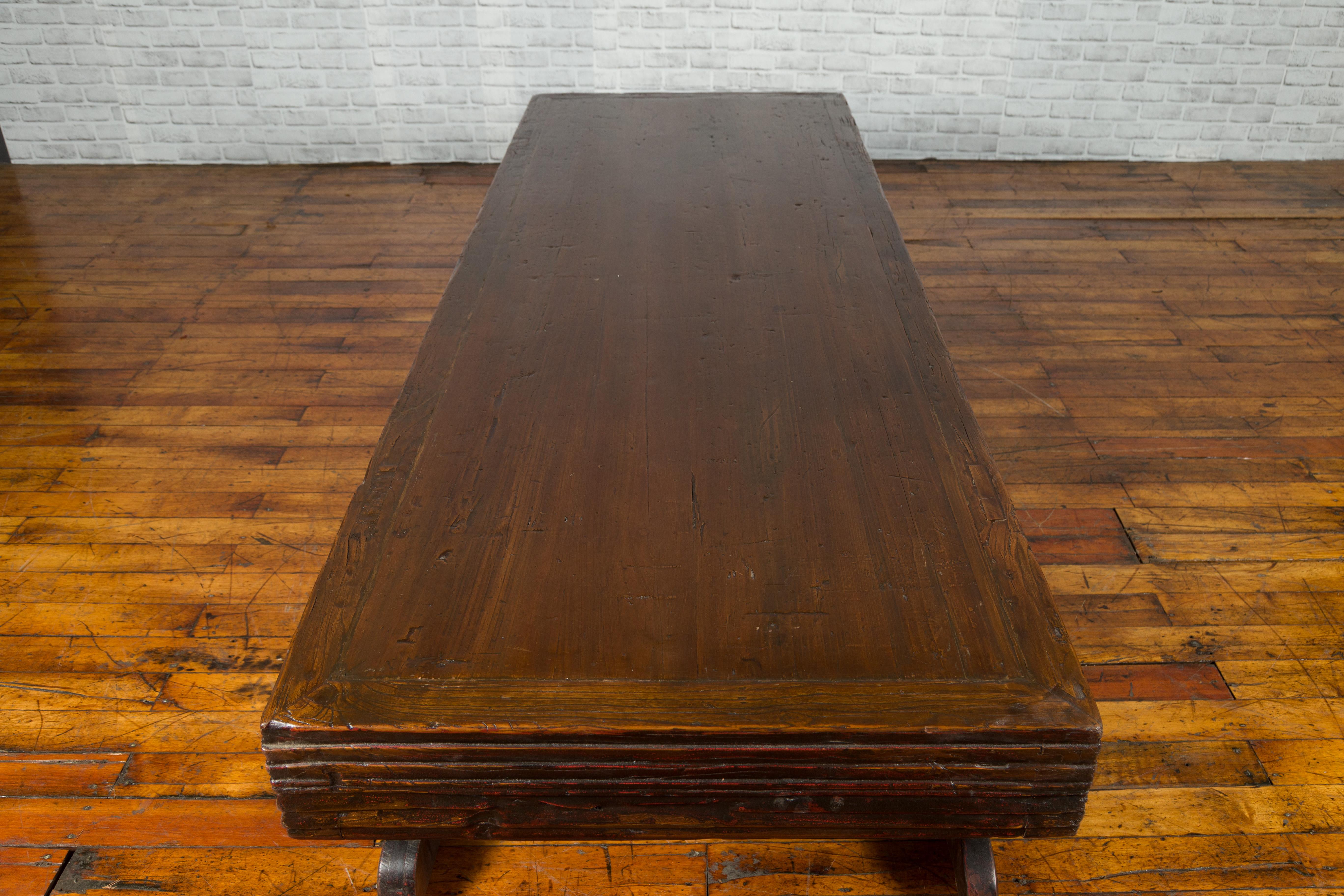 Chinese Qing Dynasty 19th Century Elm Coffee Table with Unusual Recessed Legs 9