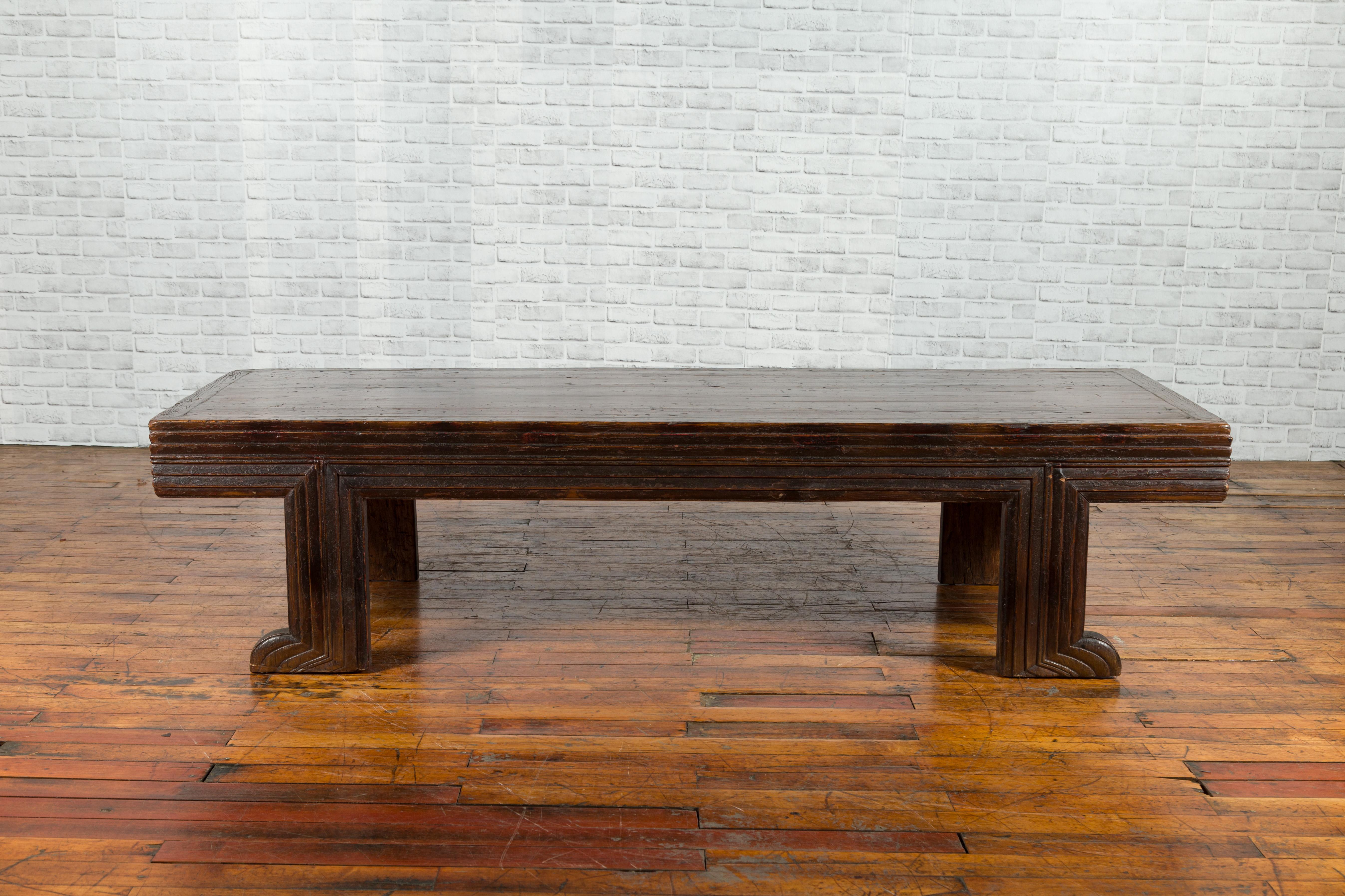 Chinese Qing Dynasty 19th Century Elm Coffee Table with Unusual Recessed Legs In Good Condition In Yonkers, NY