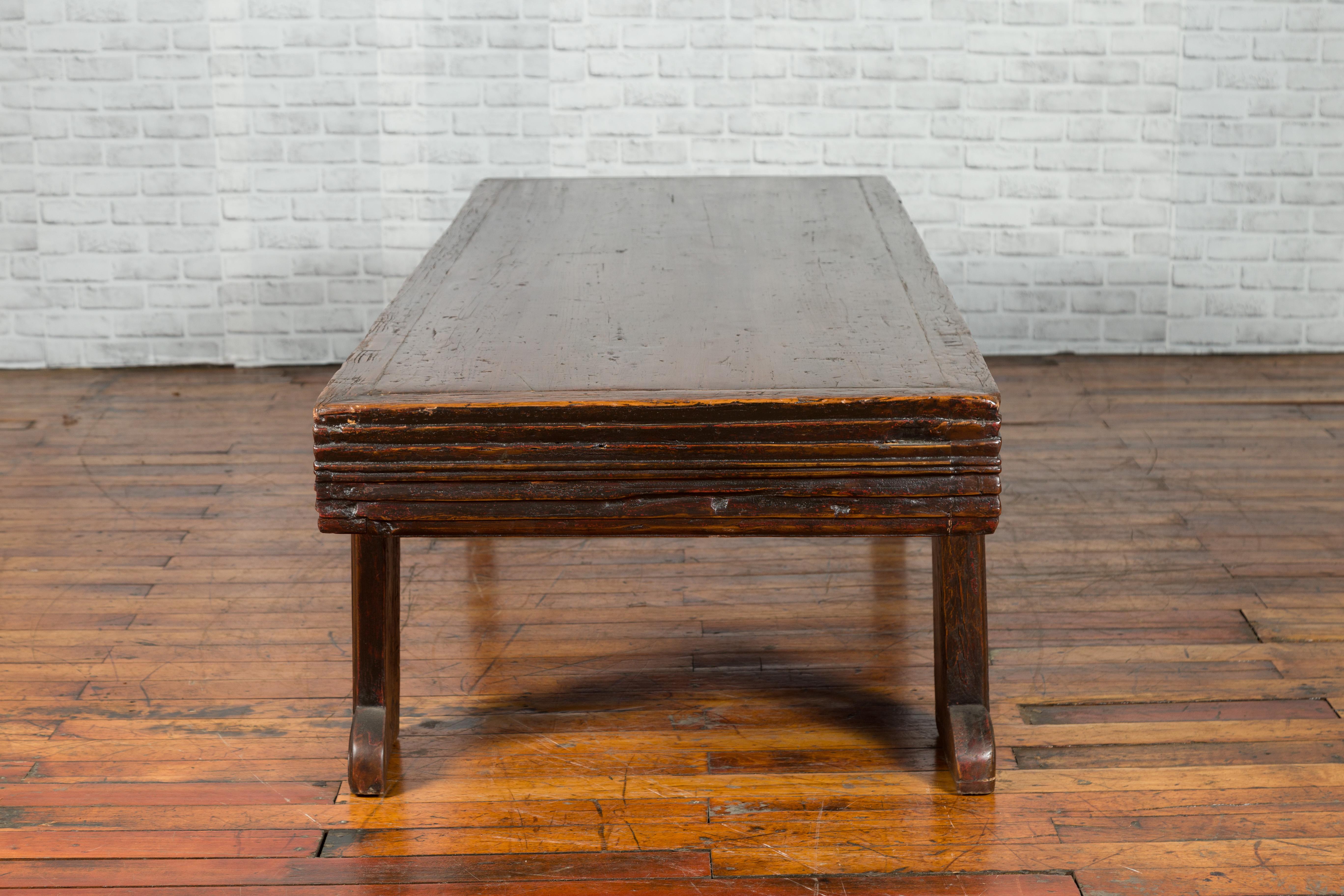 Chinese Qing Dynasty 19th Century Elm Coffee Table with Unusual Recessed Legs 6
