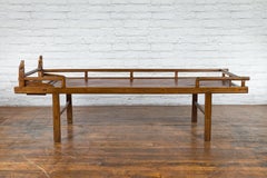 Qing Dynasty 19th Century Elm Daybed with Bamboo Seat and Guardian Lions