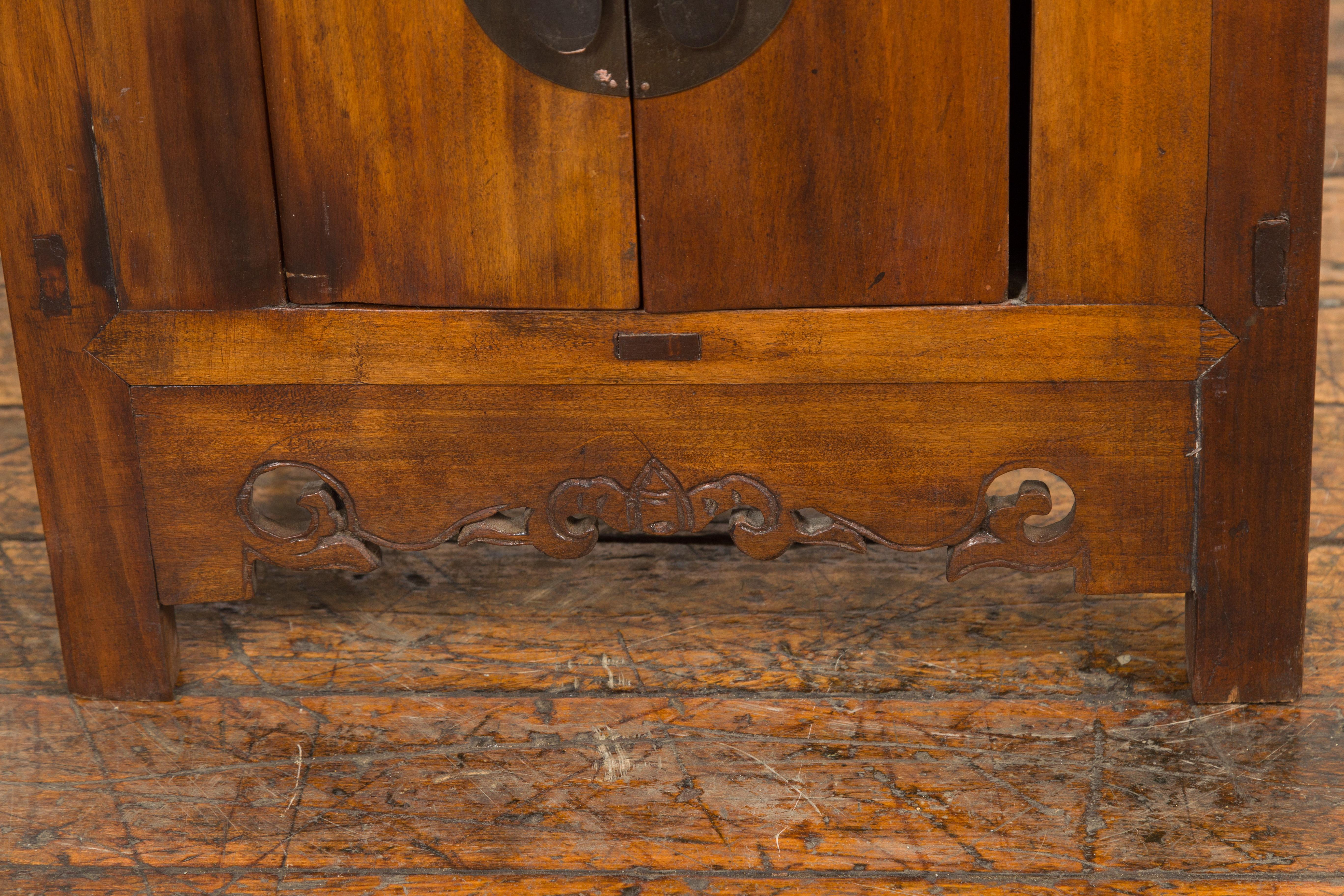 Chinese Qing Dynasty 19th Century Elm Side Cabinet with Fretwork Shelf and Doors For Sale 7