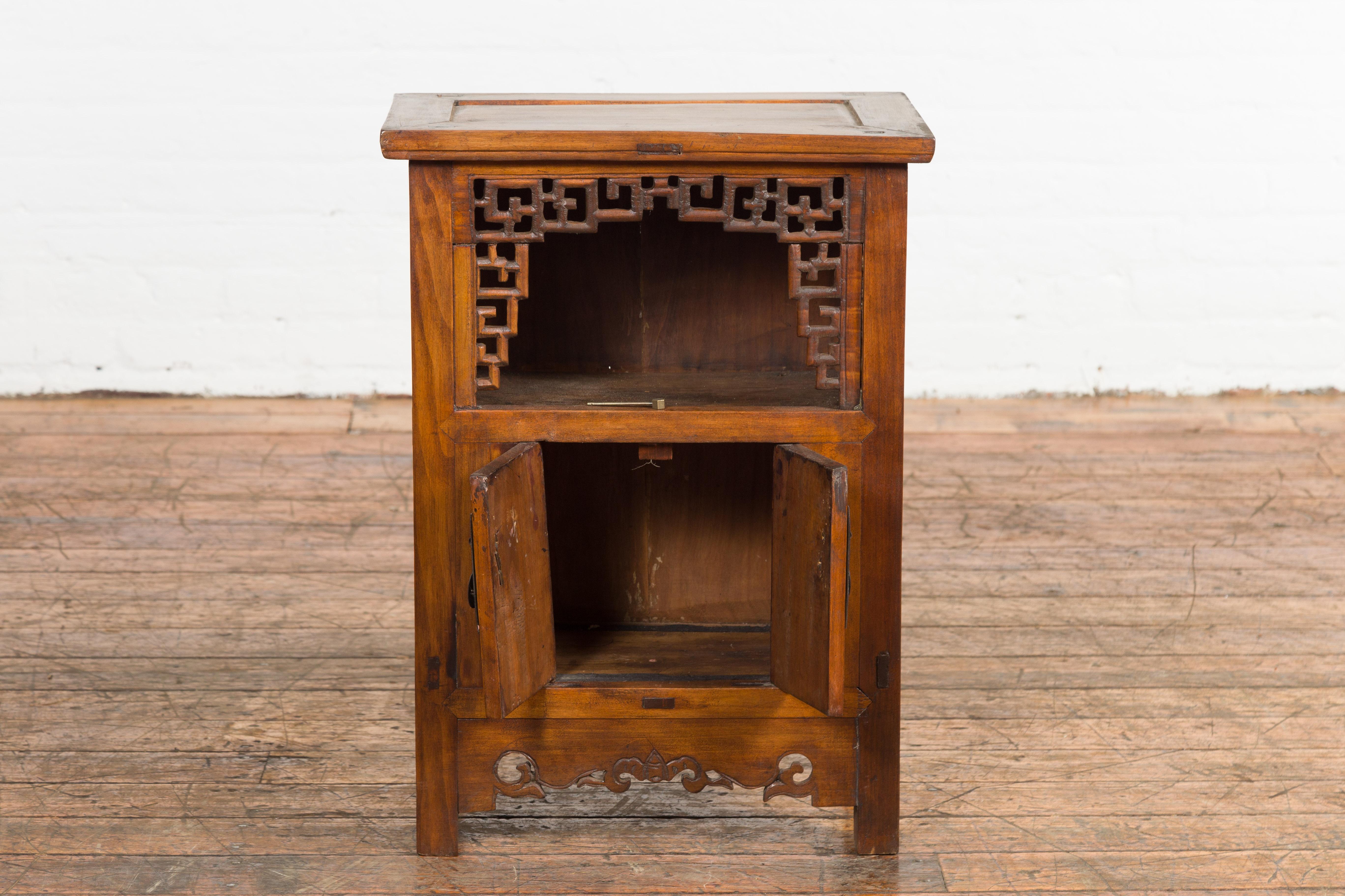Chinese Qing Dynasty 19th Century Elm Side Cabinet with Fretwork Shelf and Doors For Sale 8