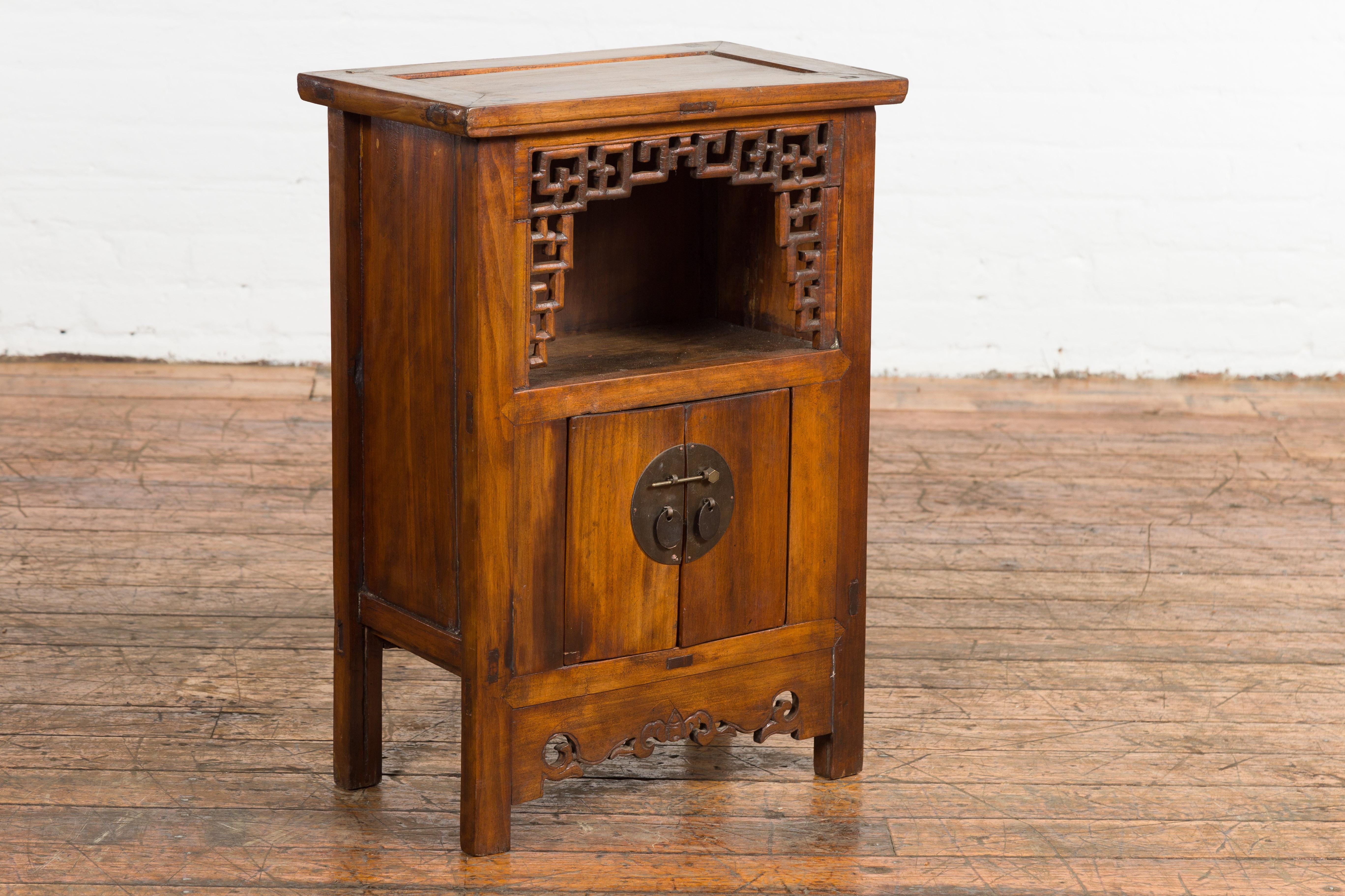Chinese Qing Dynasty 19th Century Elm Side Cabinet with Fretwork Shelf and Doors For Sale 9