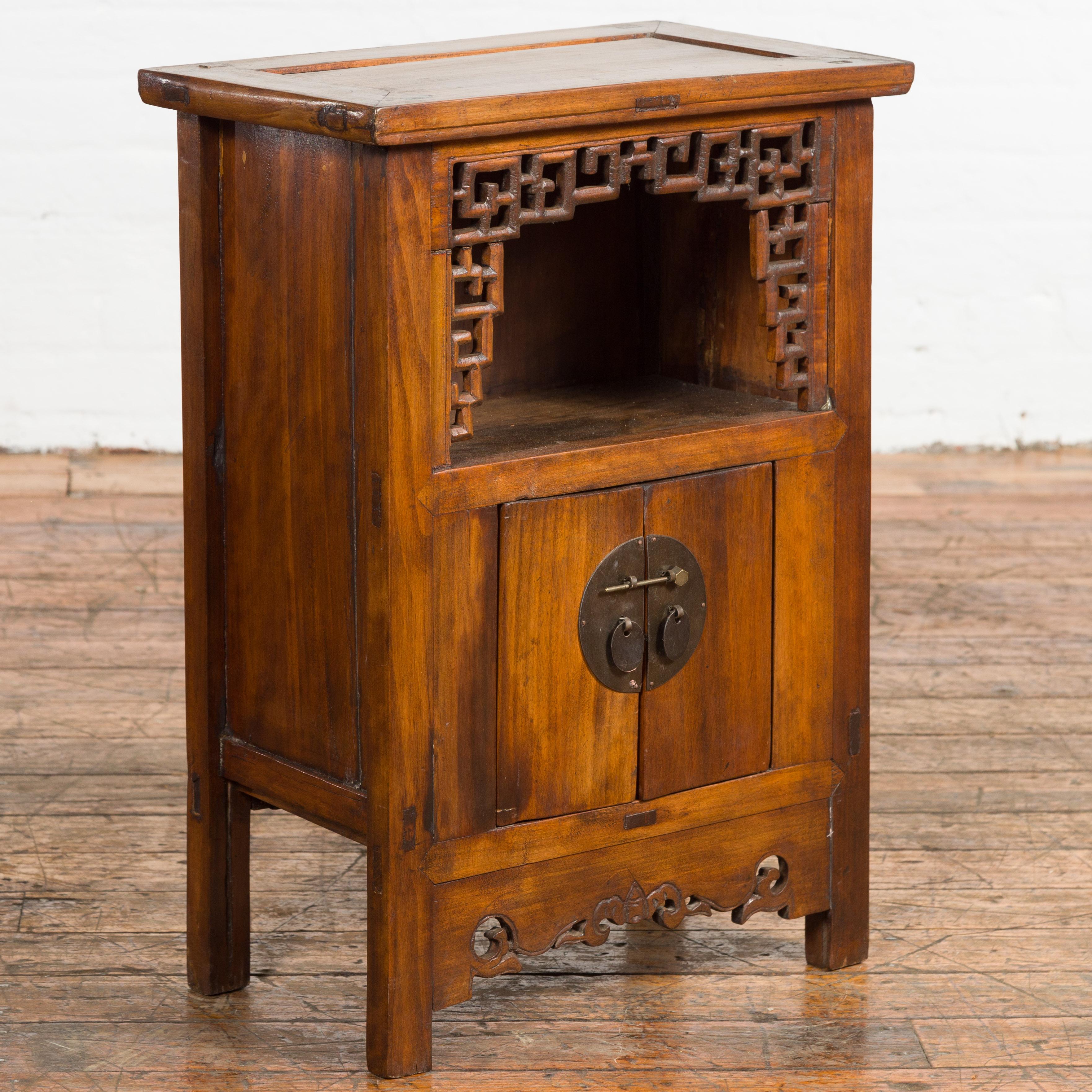 Chinese Qing Dynasty 19th Century Elm Side Cabinet with Fretwork Shelf and Doors For Sale 10