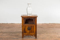 Qing Dynasty 19th Century Elm Side Cabinet with Fretwork Shelf and Doors