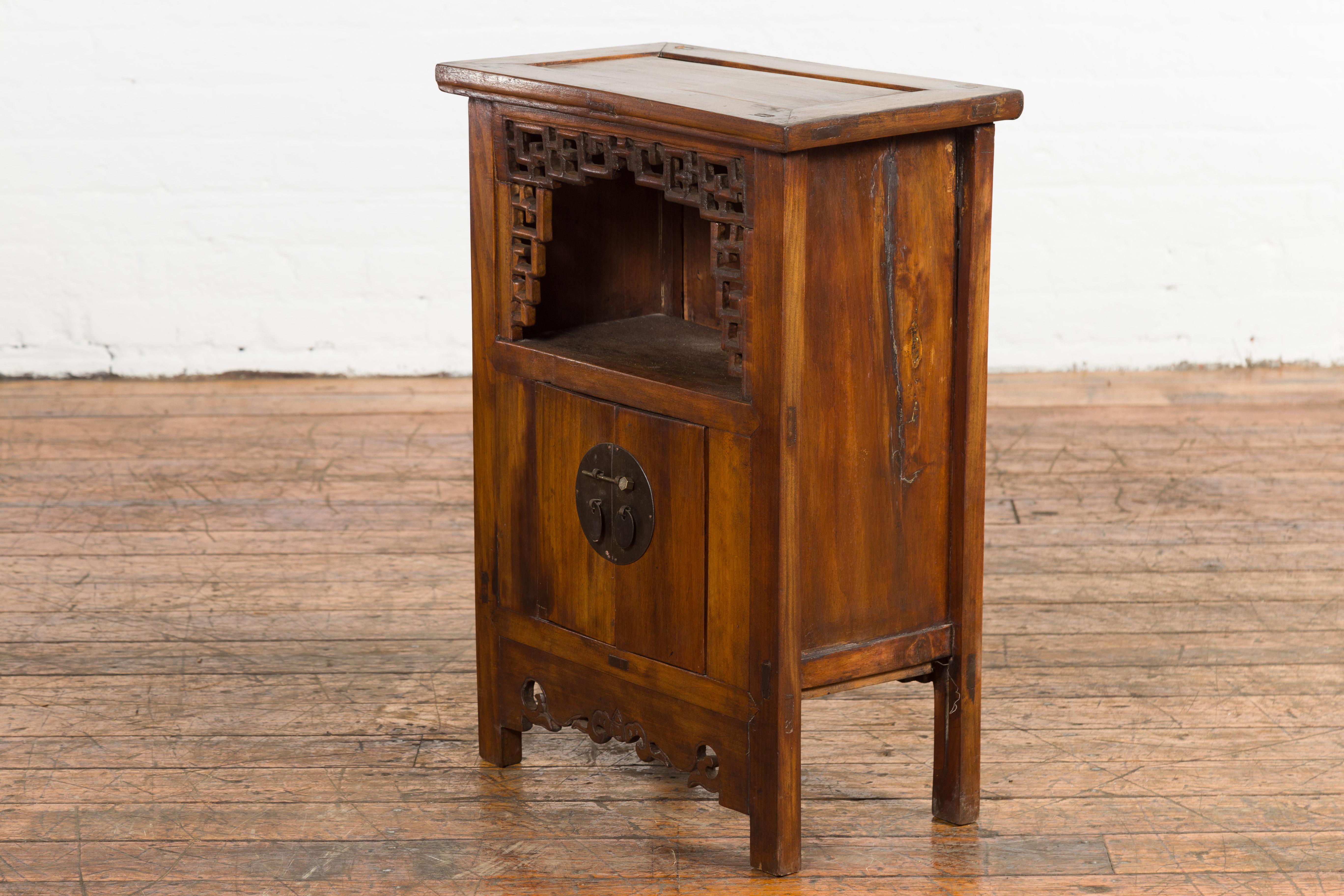 Chinese Qing Dynasty 19th Century Elm Side Cabinet with Fretwork Shelf and Doors For Sale 16