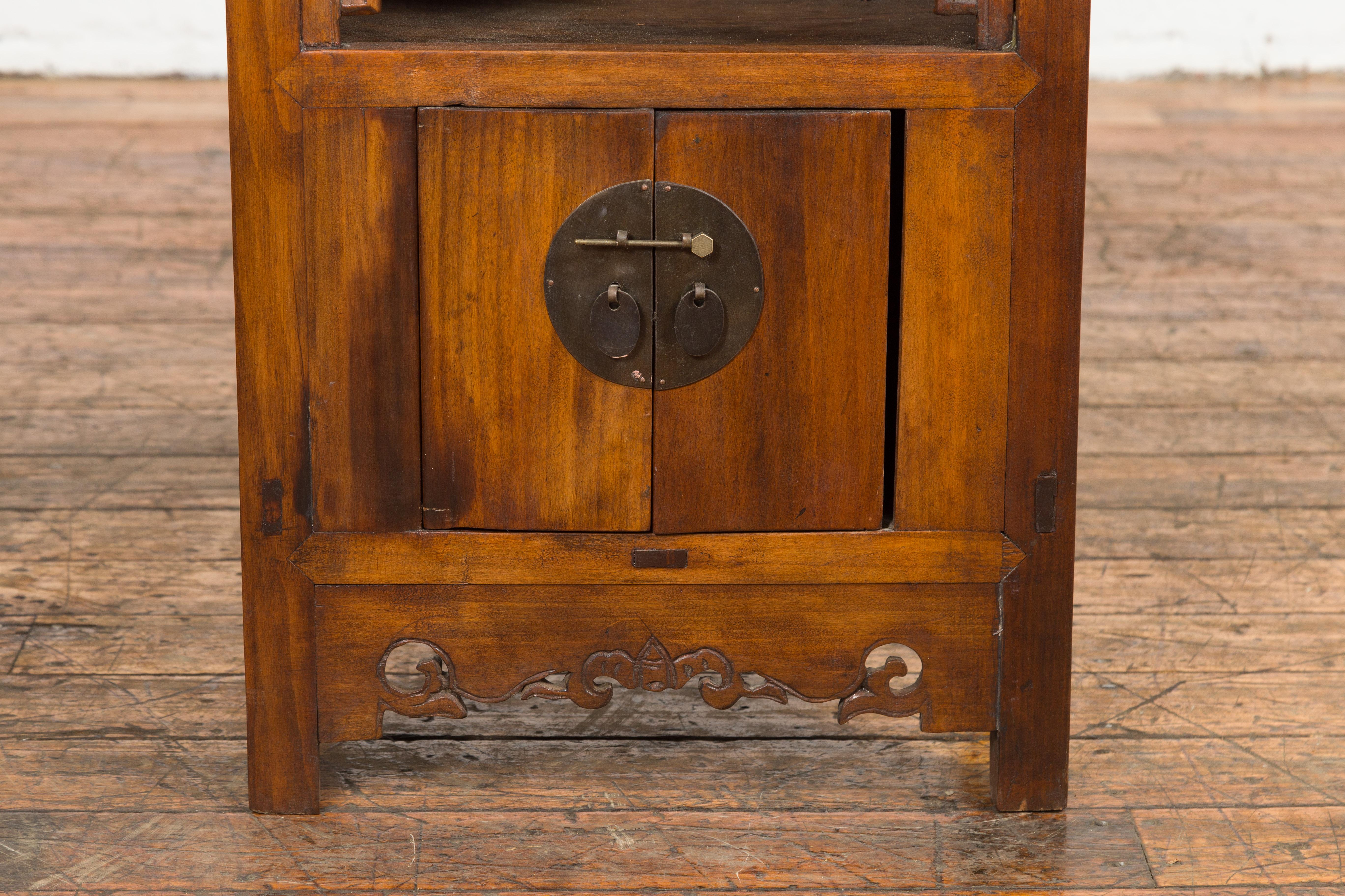 Chinese Qing Dynasty 19th Century Elm Side Cabinet with Fretwork Shelf and Doors For Sale 3