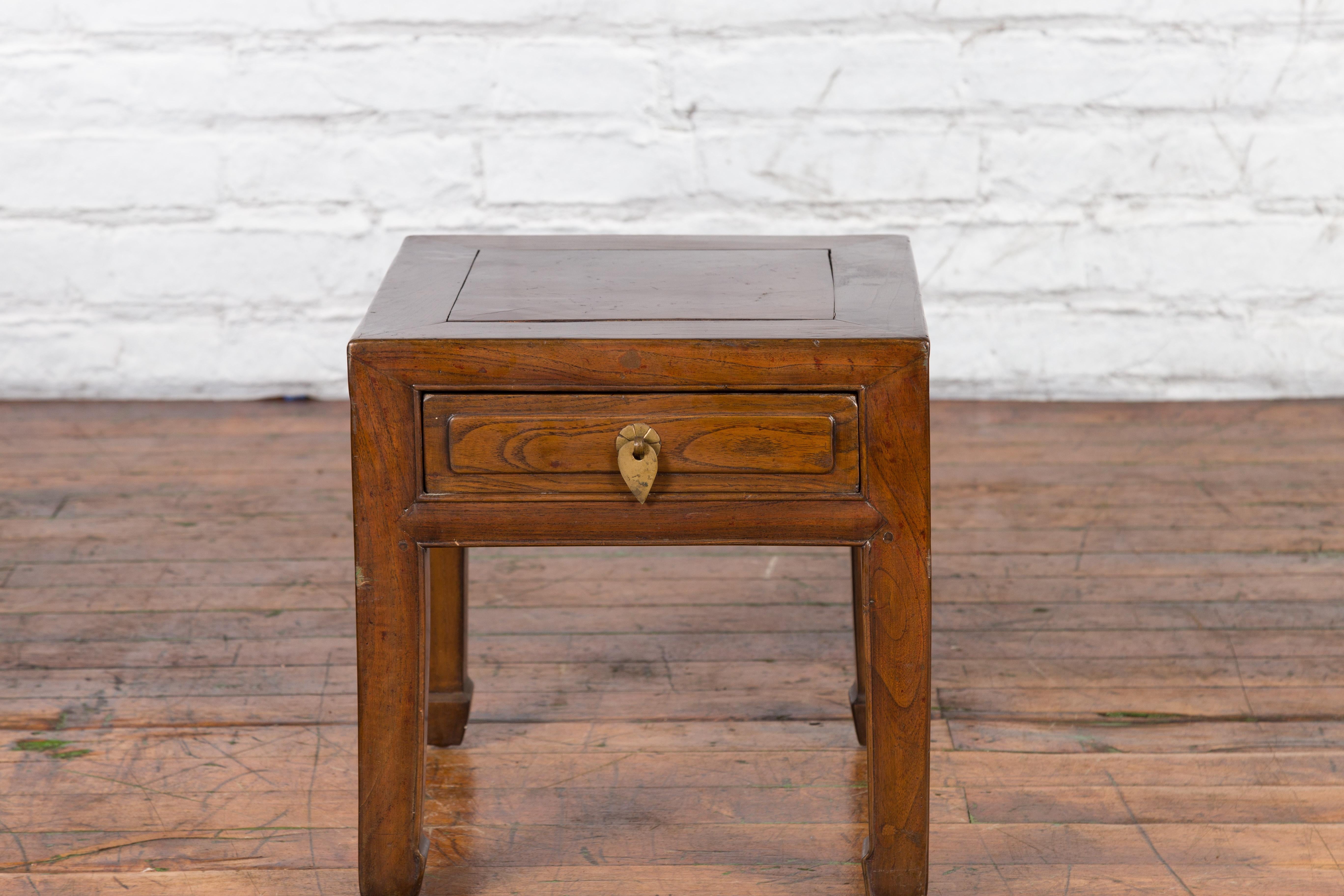 Brass Chinese Qing Dynasty 19th Century Elm Side Table with Single Drawer For Sale