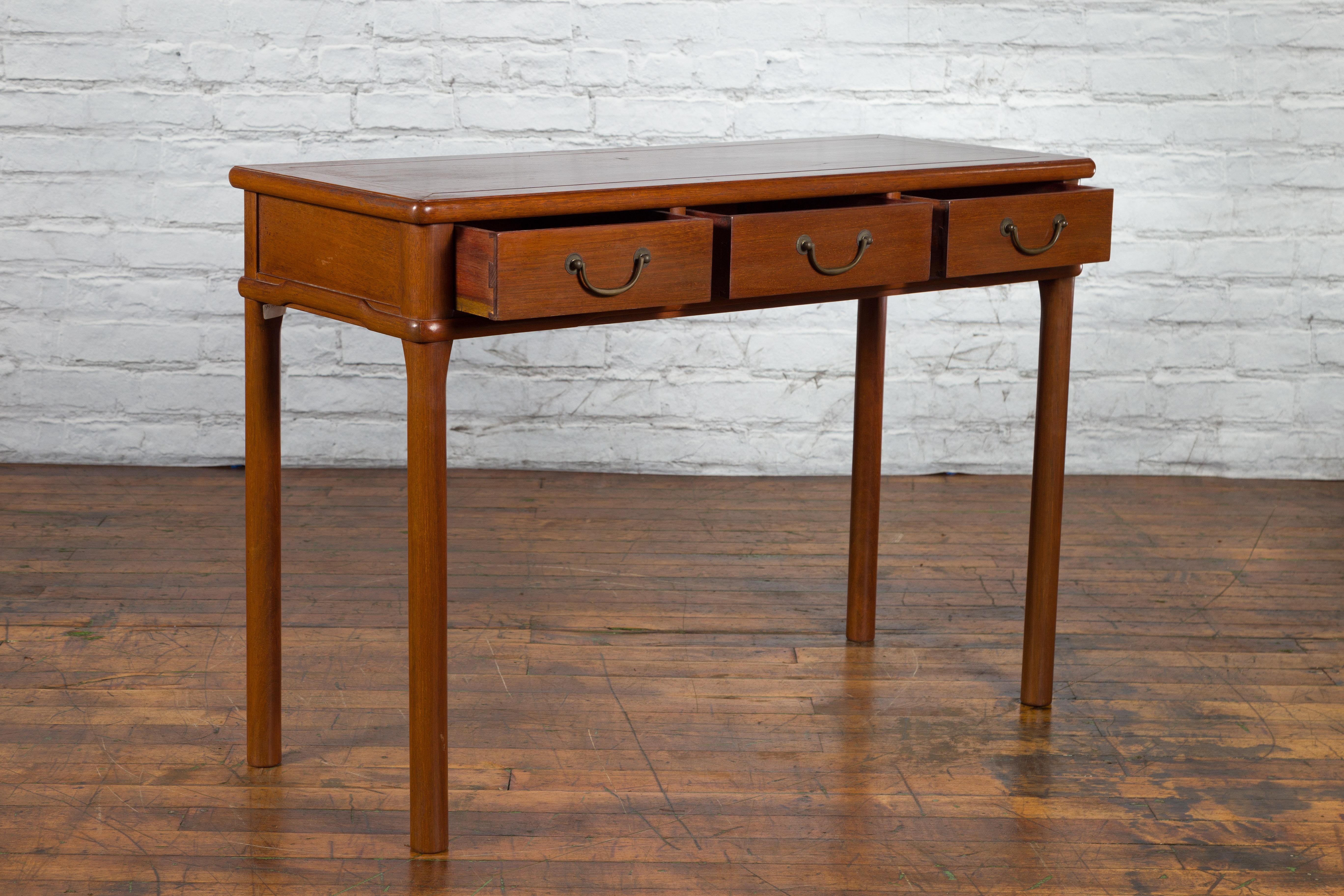 Chinese Qing Dynasty 19th Century Elm Three Drawer Desk with Cylindrical Legs 8