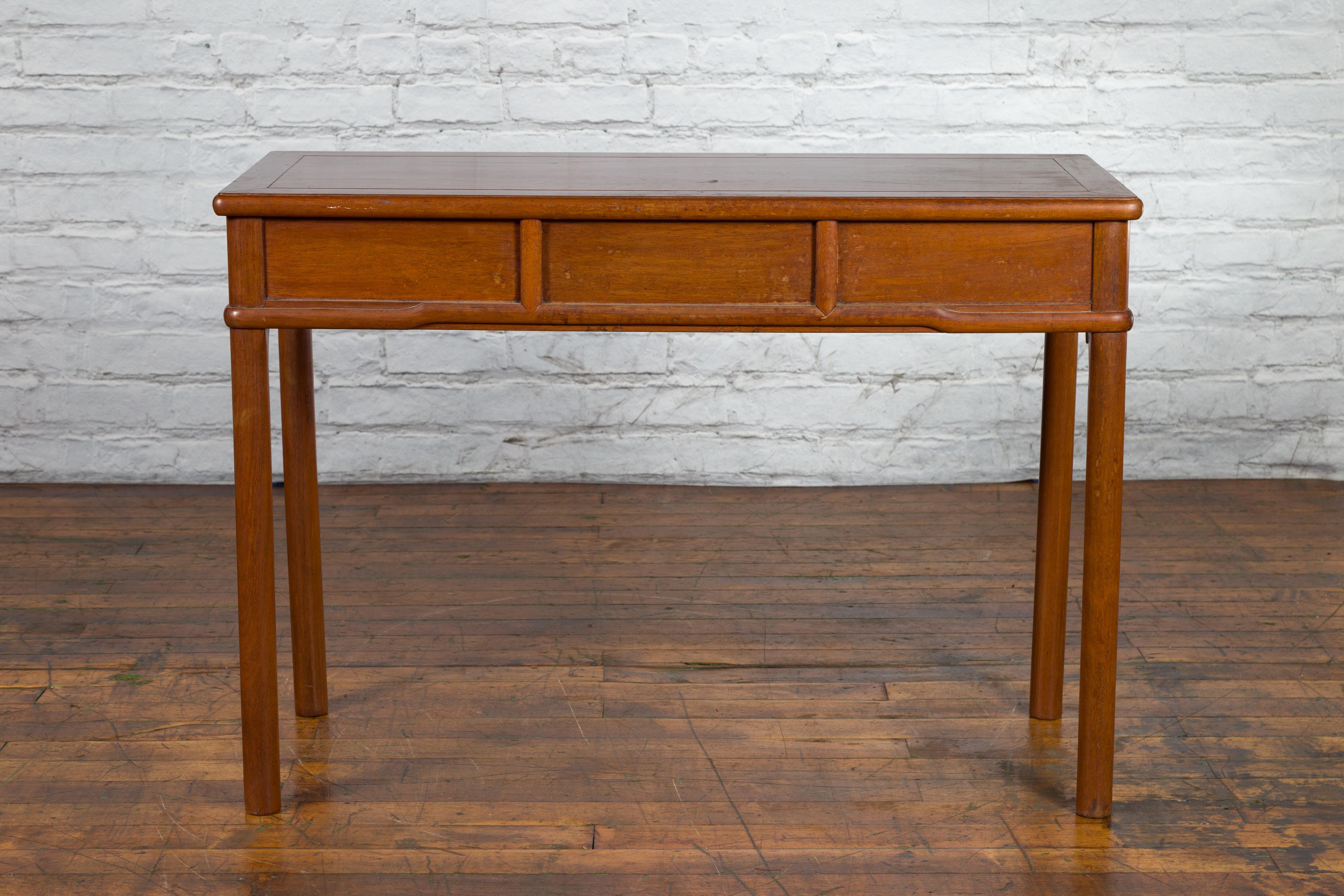 Chinese Qing Dynasty 19th Century Elm Three Drawer Desk with Cylindrical Legs 10