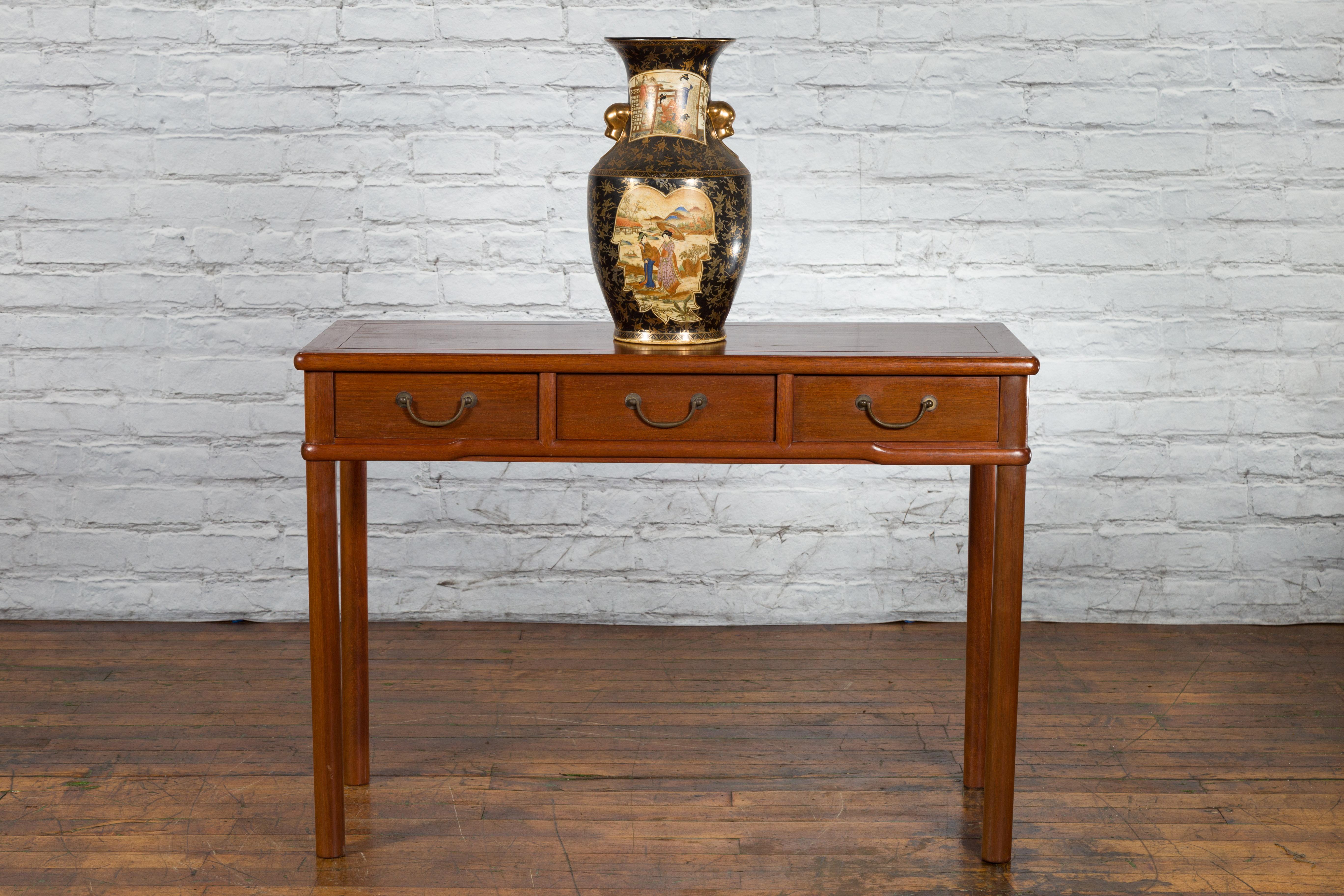 Chinese Qing Dynasty 19th Century Elm Three Drawer Desk with Cylindrical Legs 1