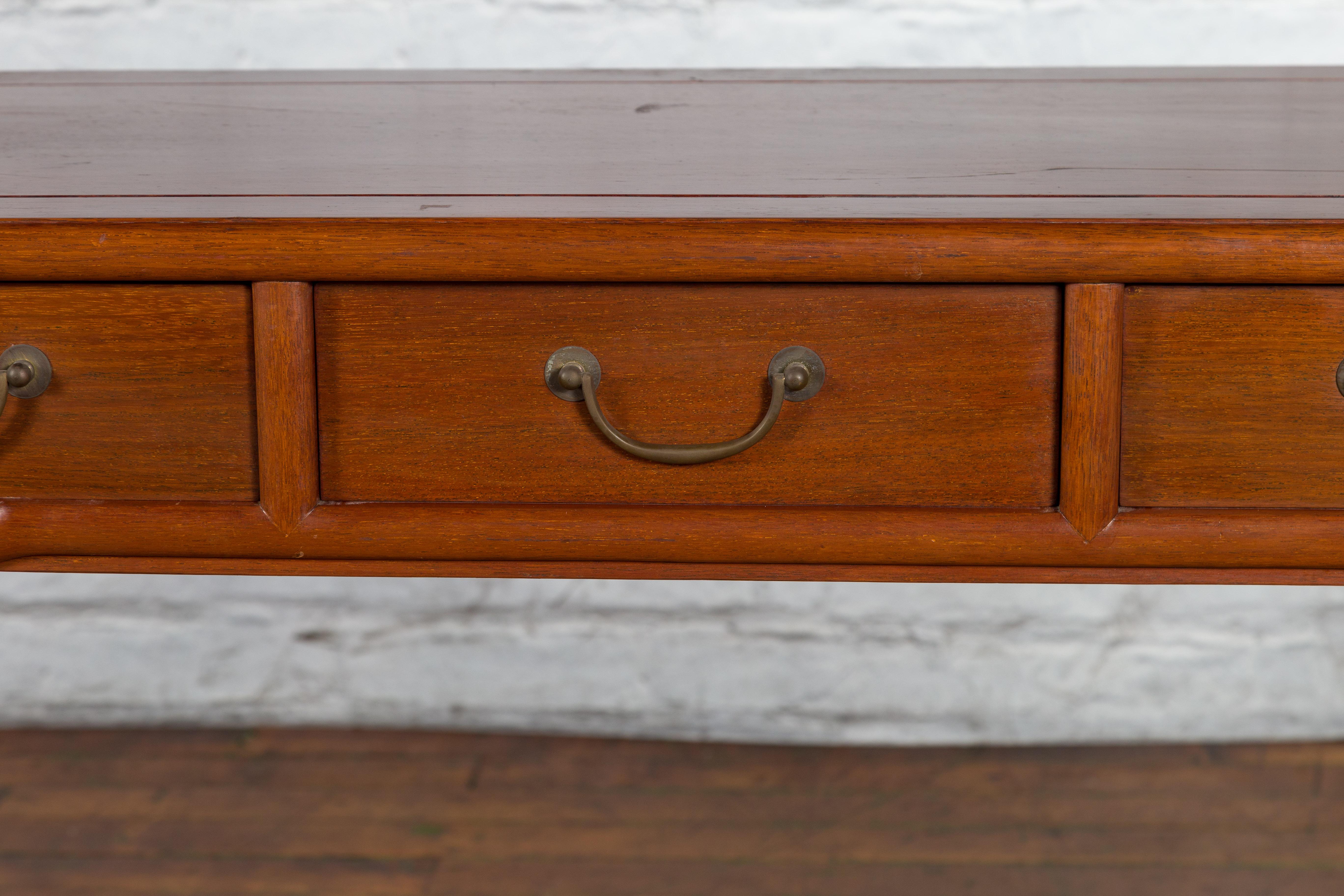 Chinese Qing Dynasty 19th Century Elm Three Drawer Desk with Cylindrical Legs 3